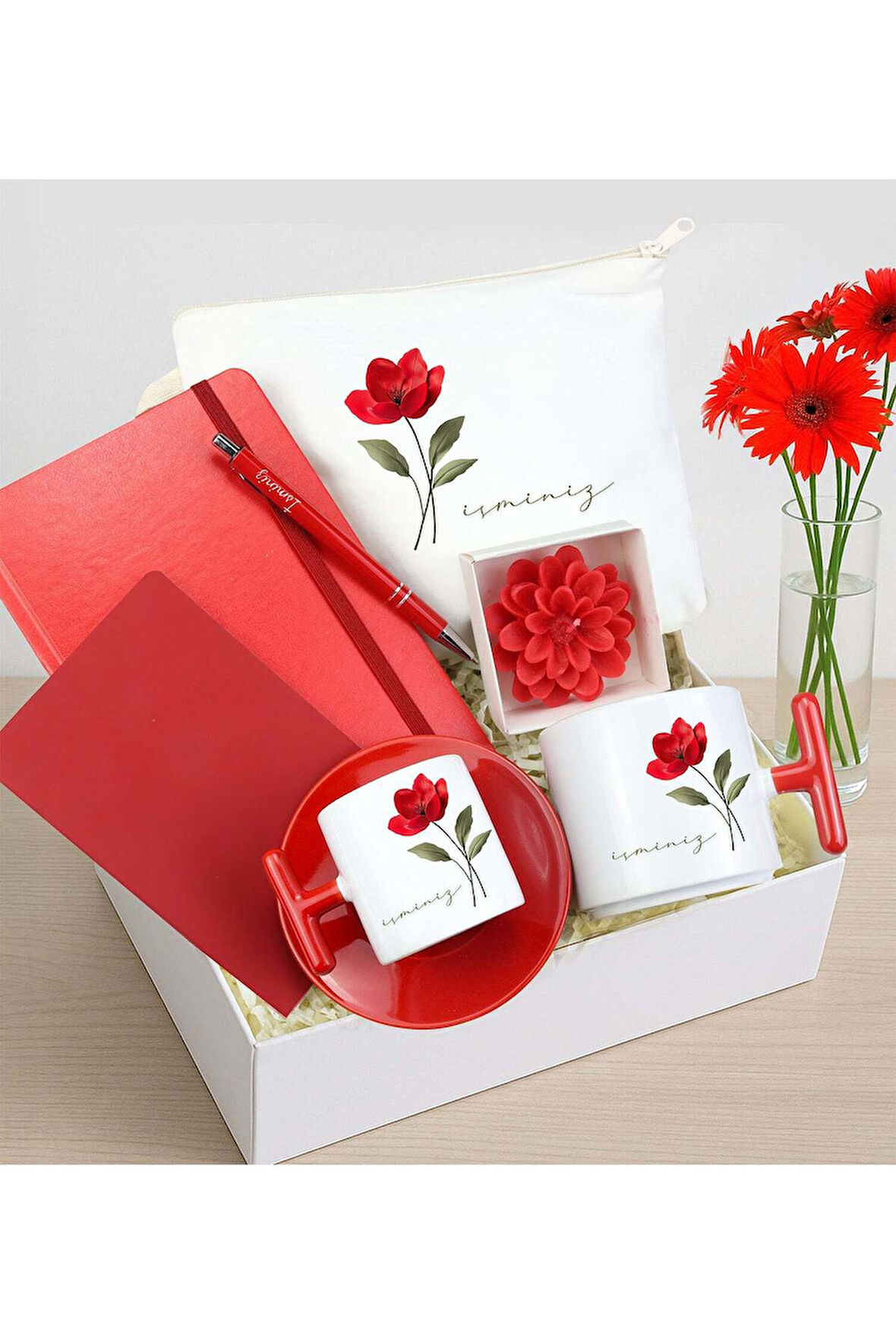 Kişiye Özel Defter & T Kupa & Fincan & Bez Çanta & Mum & Kalem Hediye Seti