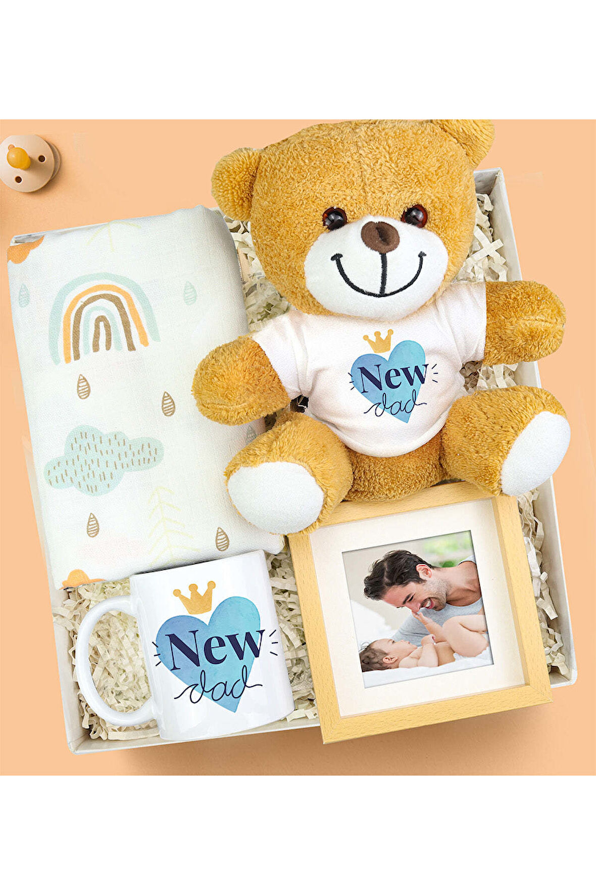 Kişiye Özel Ahşap Çerçeve & Müslin Örtü & Kupa Bardak & Baskılı Peluş Ayıcık Hediye Seti