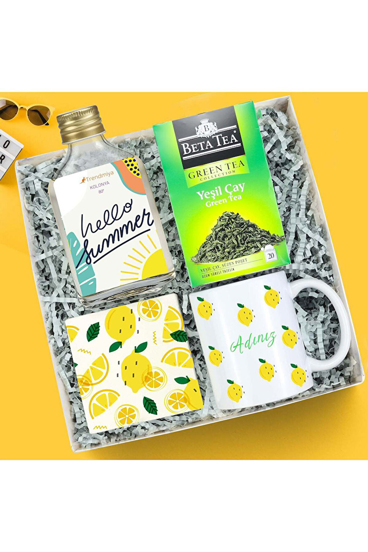 Kişiye Özel Kupa & Yeşil Çay & Bardak Altlığı & Kolonya Yaz Hediye Seti