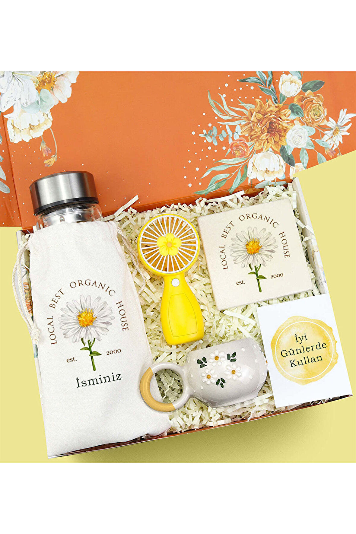 El Yapımı Kupa & Bez Kılıflı Dereceli Cam Matara & Taş Bardak Altlığı & El Fanı Hediye Seti