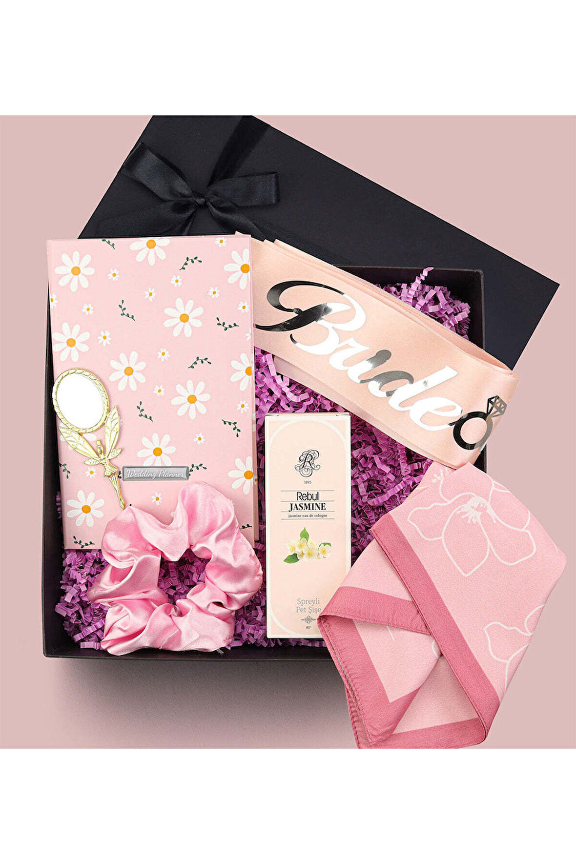 Wedding Planner & Bride Kuşağı & Kolonya & Saten Toka & Fular & Peri Ayna Hediye Seti
