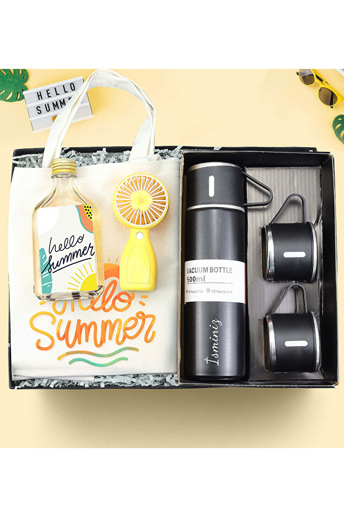 Kişiye Özel 3 Bardak Termos & Kolonya & El Fanı & Bez Çanta Yaz Hediye Seti