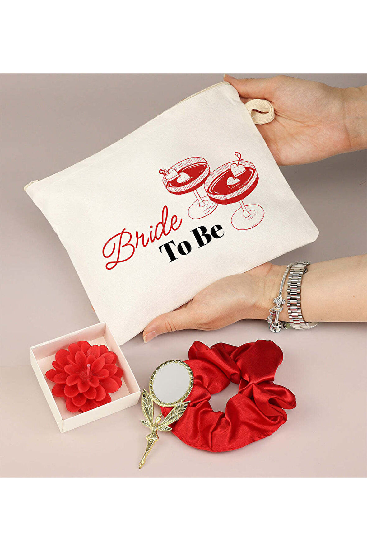 Bride Ham Bez Çanta & Lotus Mum & Saten Toka & Peri Ayna Hediyelik Set