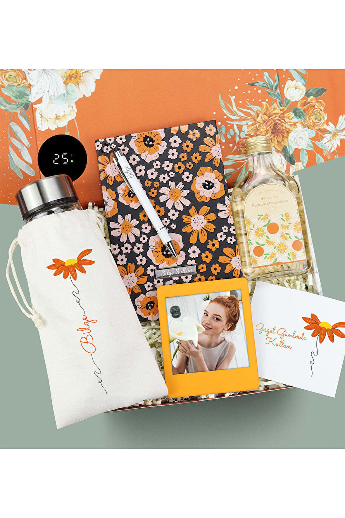 Kişiye Özel Kılıflı Dereceli Cam Matara & Defter & Tükenmez Kalem & Kolonya & Turuncu Çerçeve