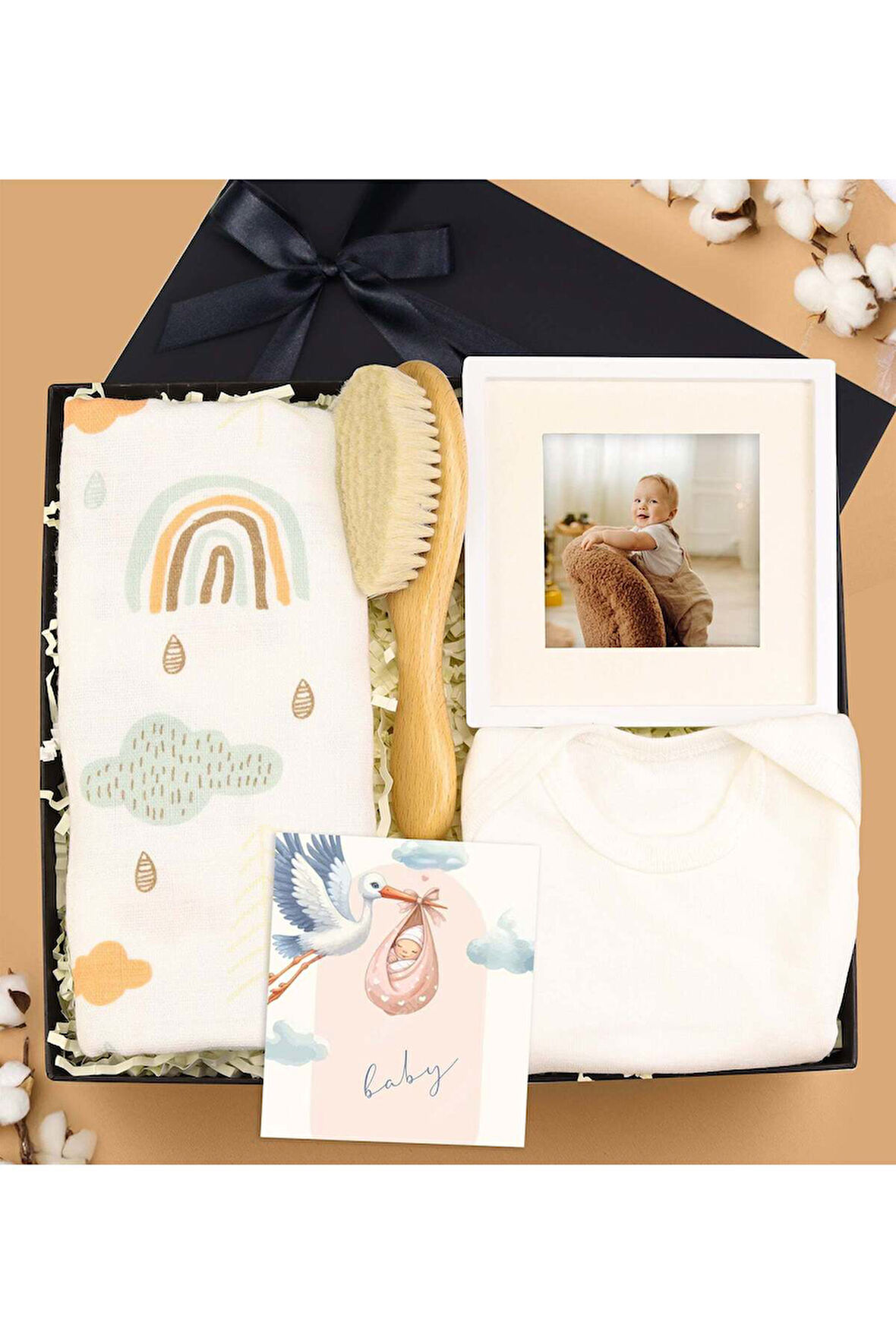 Müslin Bez Örtü & Zıbın & Bebek Saç Fırçası Premium Yenidoğan Hediye Seti