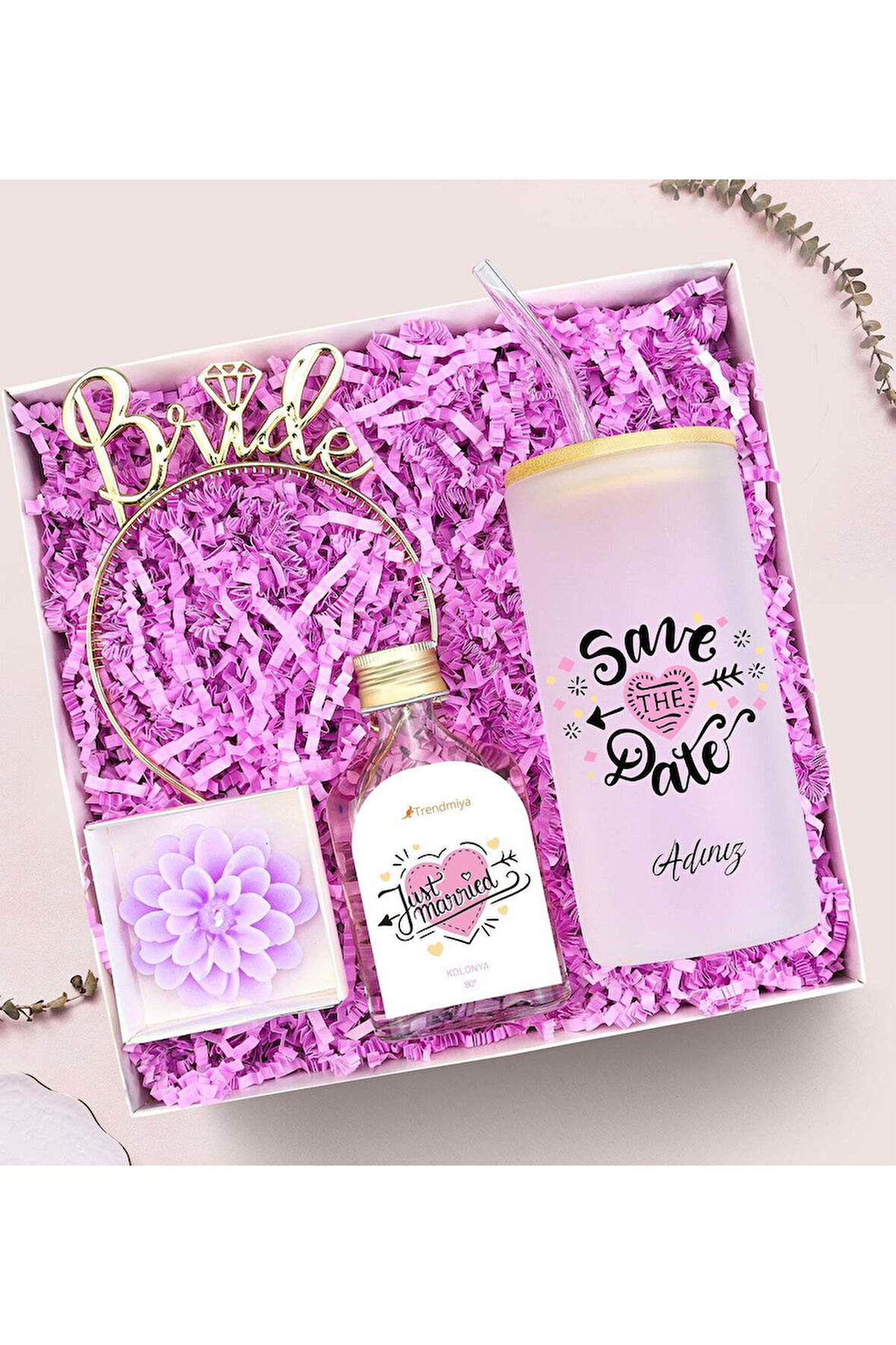 Kişiye Özel Cam Bardak & Bride Taç & Kolonya & Lotus Mum Bride Hediye Seti