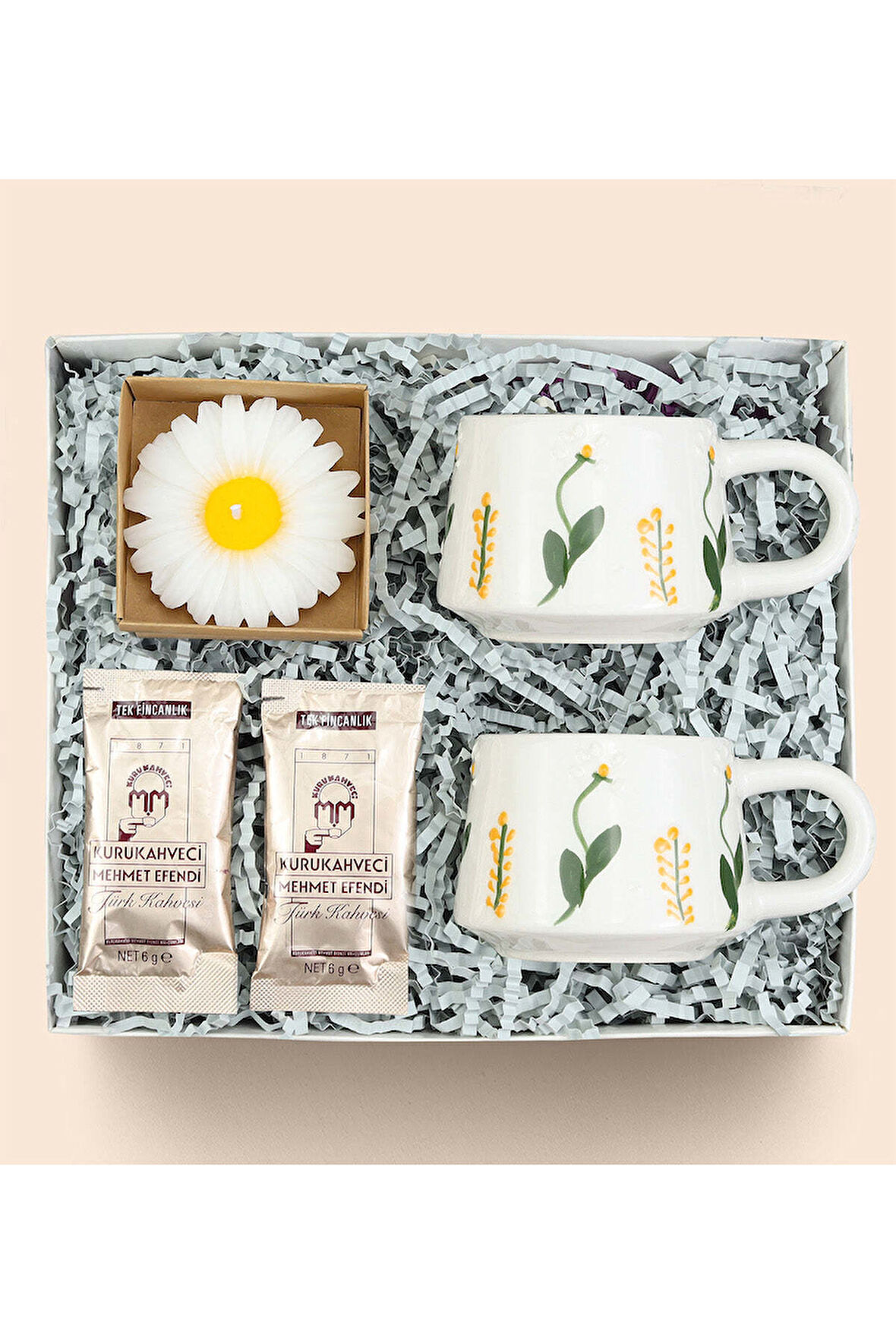 2 li %100 El Yapımı Kupa ve Tek İçimlik Türk Kahvesi & Papatya Mum Hediye Seti