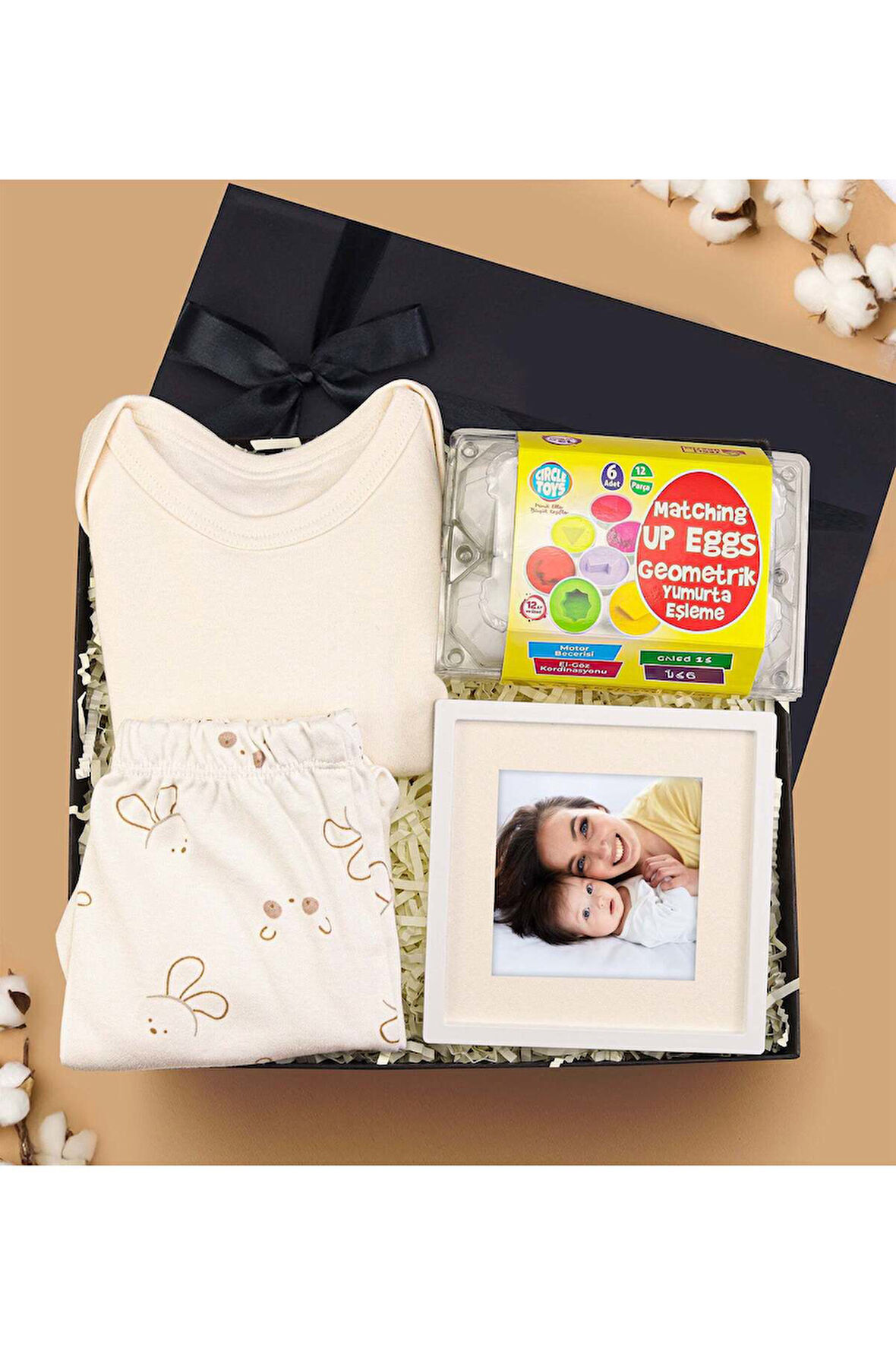 Tavşanlı Zıbın Takım & Paspartu Çerçeve & Geometrik Yumurta Eşleme Oyunu Yenidoğan Hediye Seti