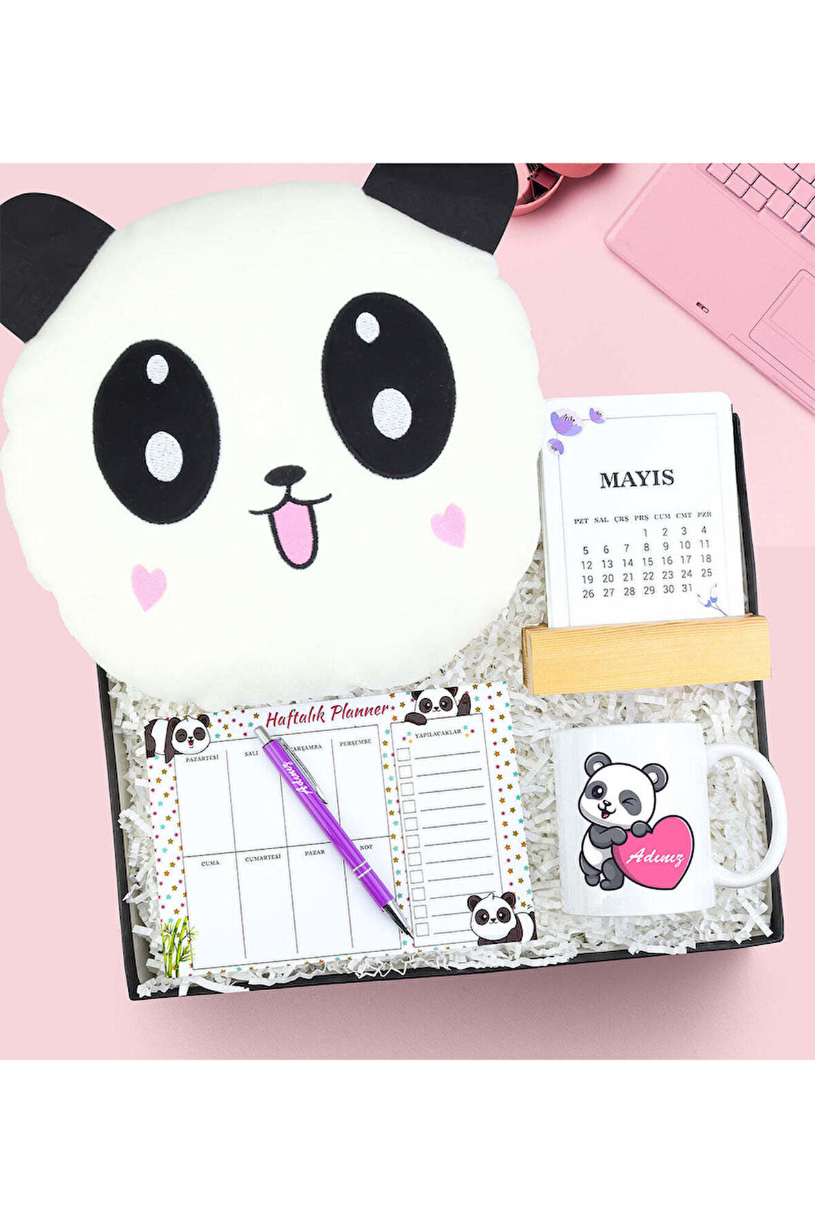 Takvim & Planner & Kupa & Peluş Panda Yastık Hediye Seti