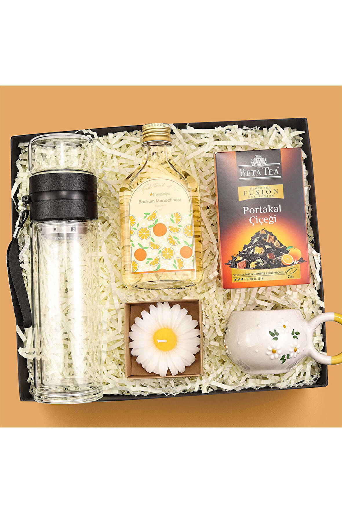El Yapımı Kupa & Kolonya & Bitki Çayı & Mum & Cam Demlik Matara Hediye Seti