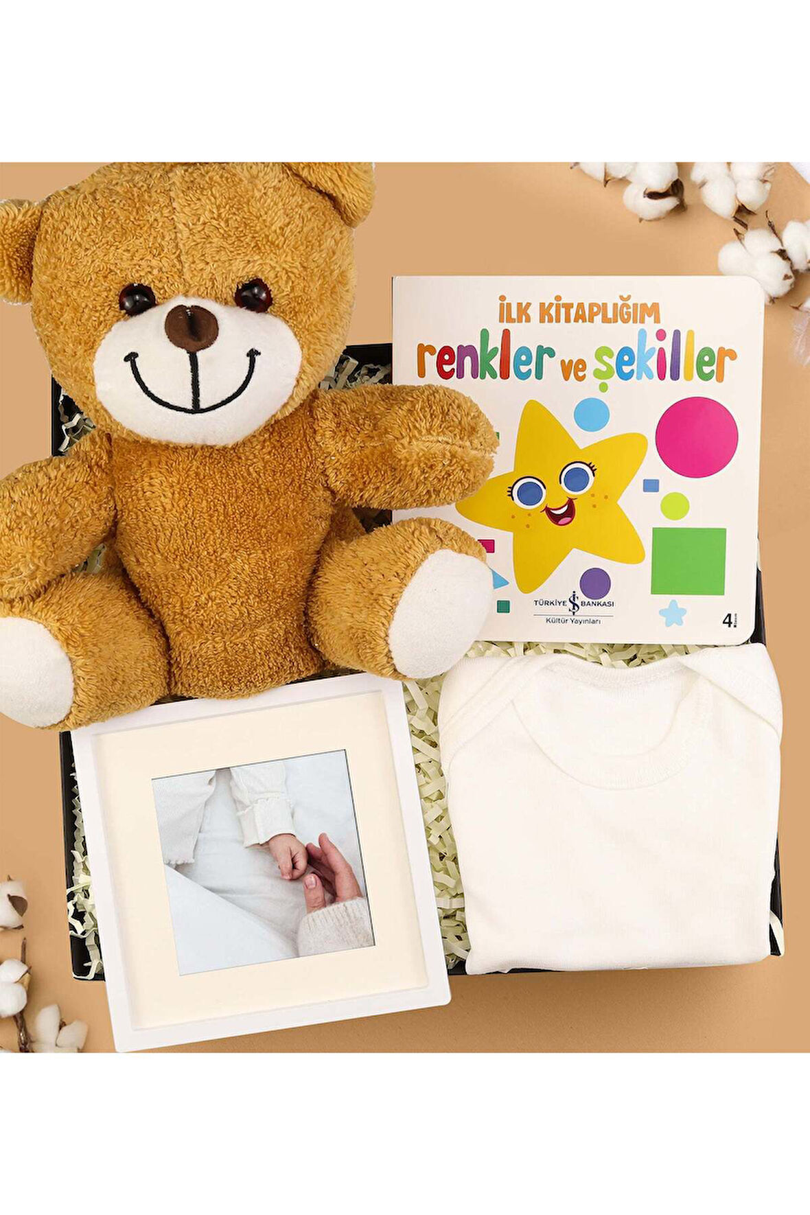 Renkler ve Şekiller Kitabı & Zıbın & Çerçeve & Ayıcık Yenidoğan Hediye Seti