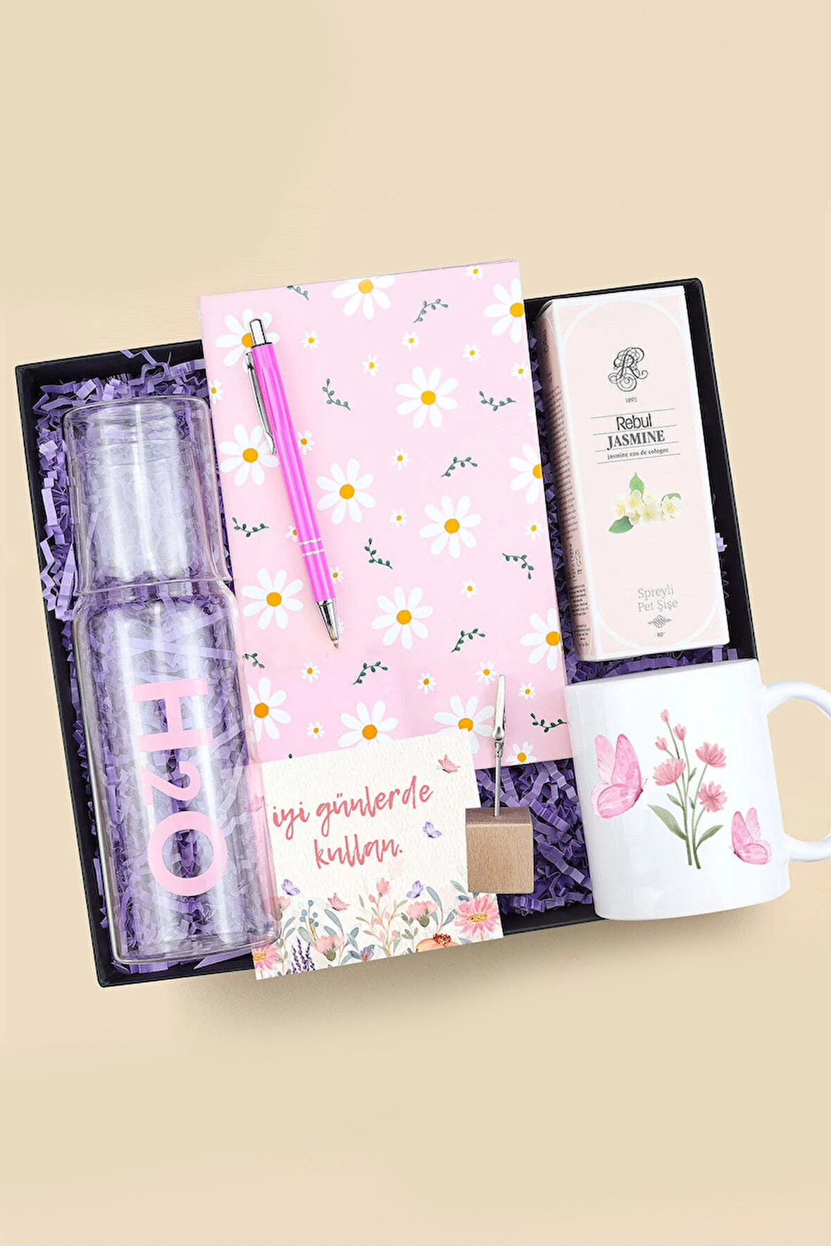 Defter & Kupa & Kolonya & Kalem & H2o Cam Başucu Sürahisi & Not Tutucu Hediye Seti