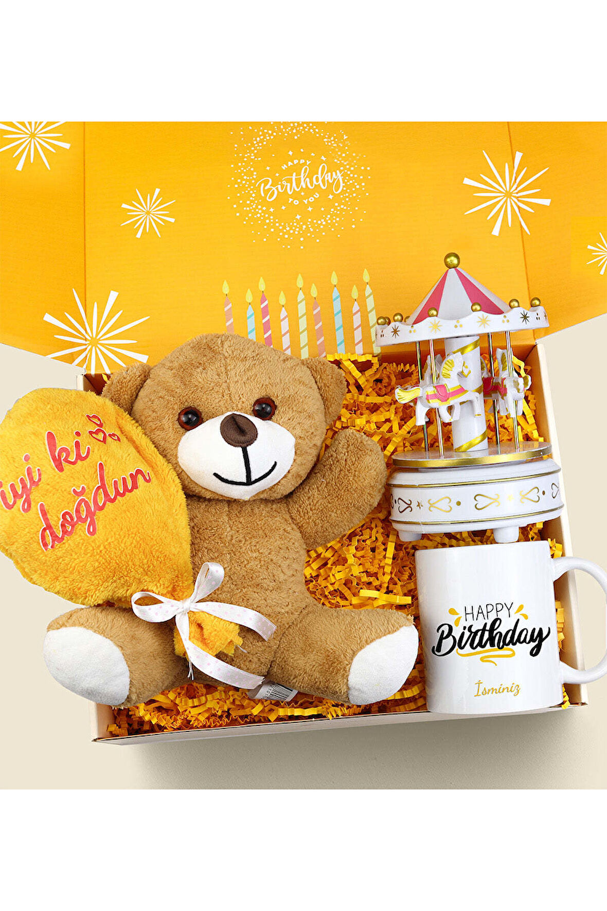 İyi Ki Doğdun Peluş Ayıcık & Kupa & Atlı Karınca Müzik Kutusu & Kupa Doğum Günü Hediye Seti