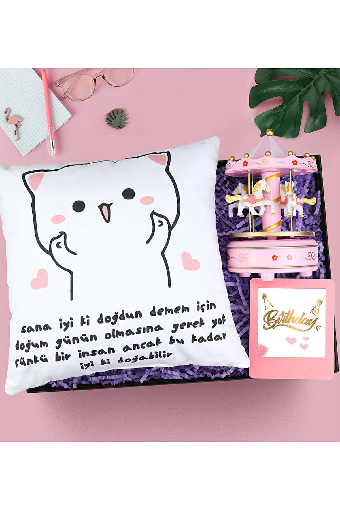 Motto Yastık & Çerçeve & Atlı Karınca Doğum Günü Hediye Seti