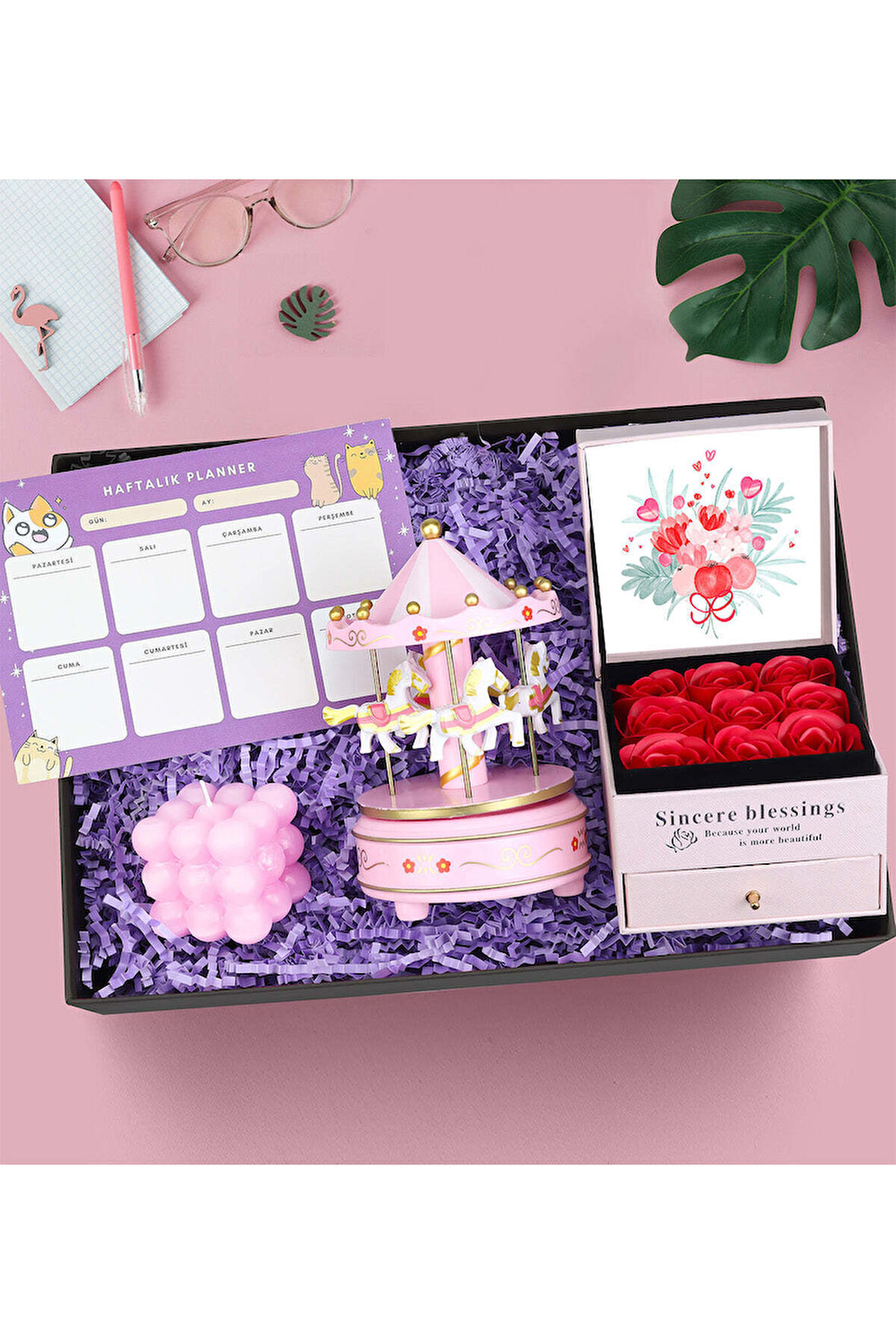Gül Kutusu & Bubble Mum & Atlı Karınca & Haftalık Planner Hediye Seti