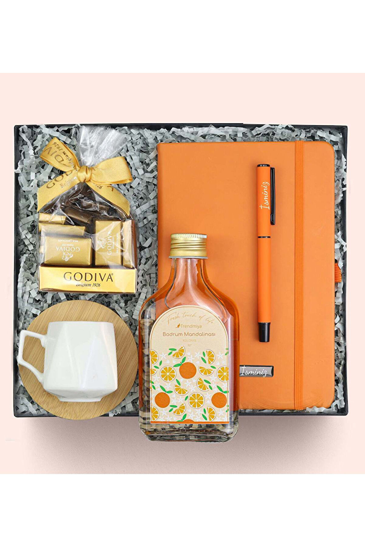 Kişiye Özel Defter & Kalem & Kolonya & Fincan & Godiva Çikolata Hediye Seti