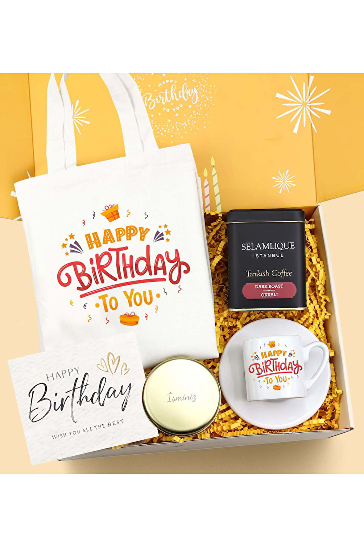 Kişiye Özel Mum & Bez Çanta & Fincan & Türk Kahvesi Doğum Günü Hediye Seti
