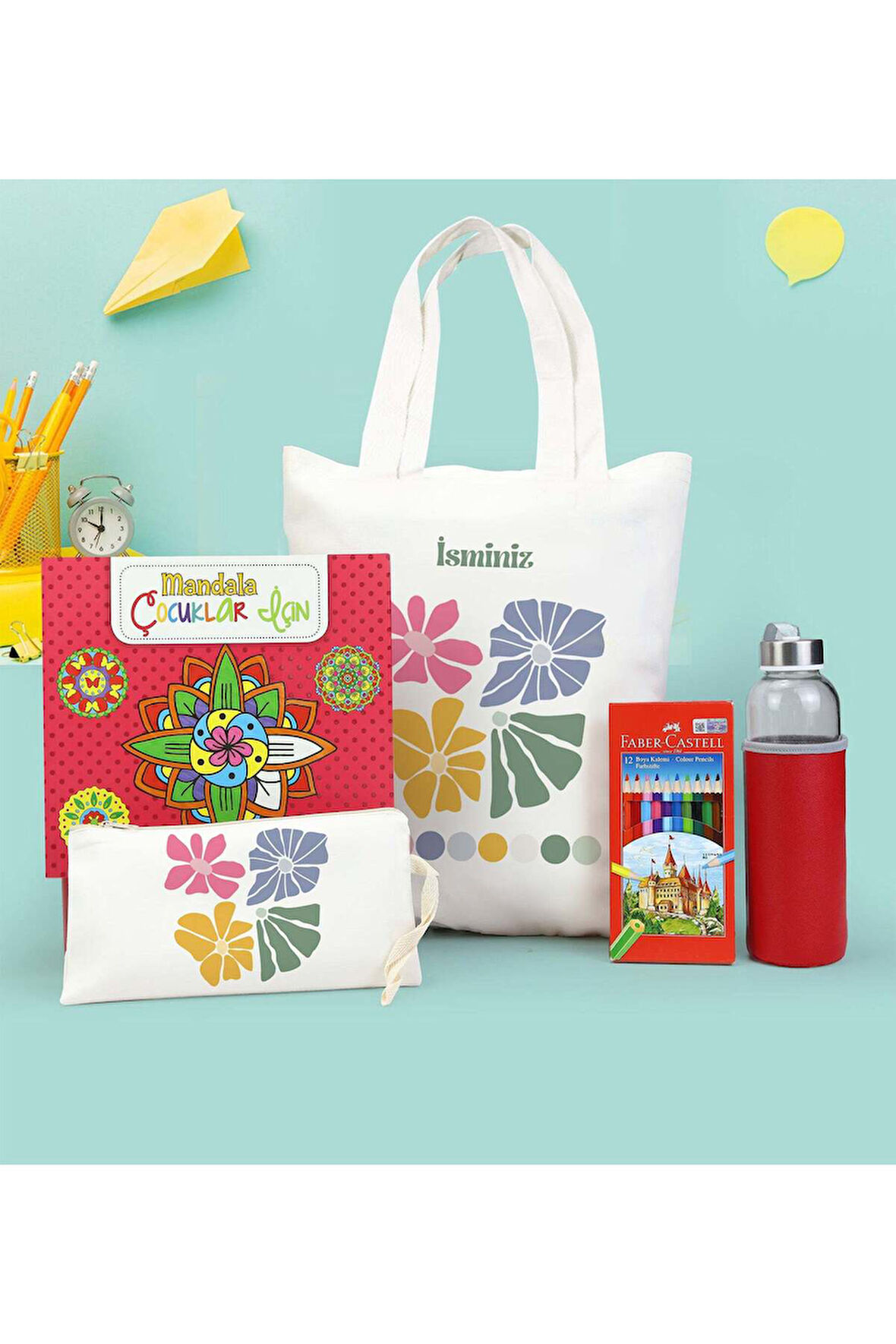 Kişiye Özel Bez Çanta & Kalemlik & Matara & Boya Kalemi & Mandala Boyama Kitabı Okula Dönüş Seti