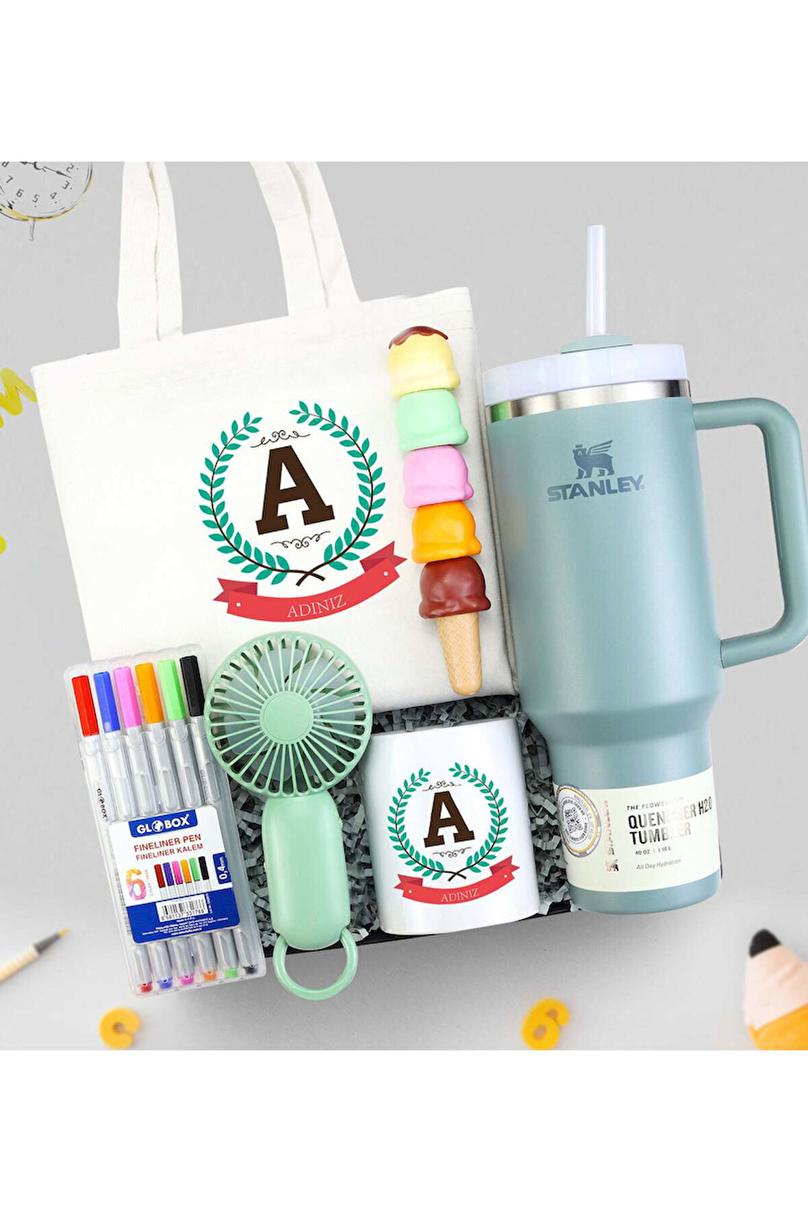 Termos & Çanta & Kalemlik & El Fanı & Kalem Seti & Dondurma Fosforlu Kalem Hediye Seti