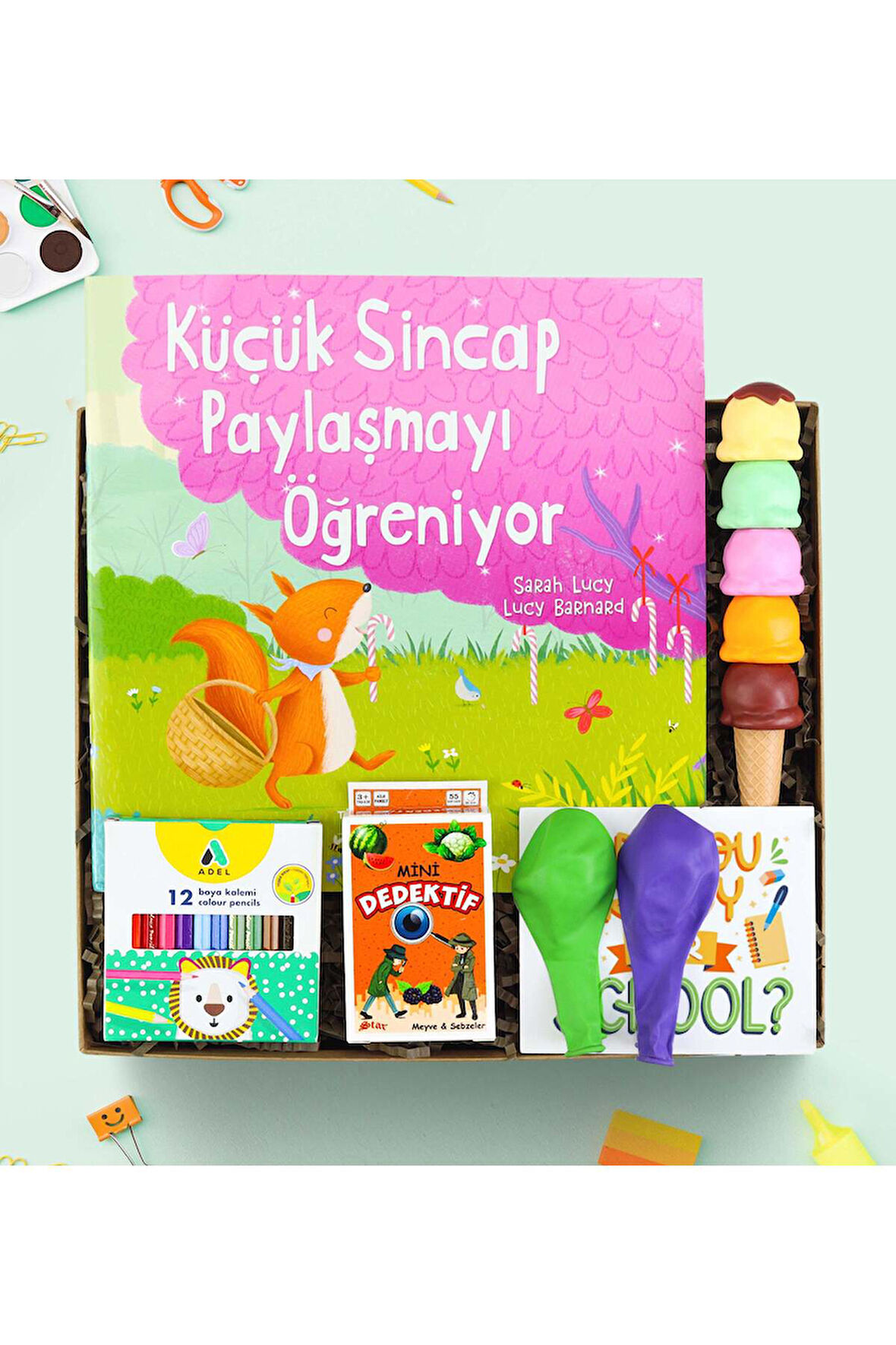 Hikaye Kitabı & Fosforlu Kalem & Balon & 12'li Boya Kalemi & Mini Dedektif Kart Oyunu Hediye Seti