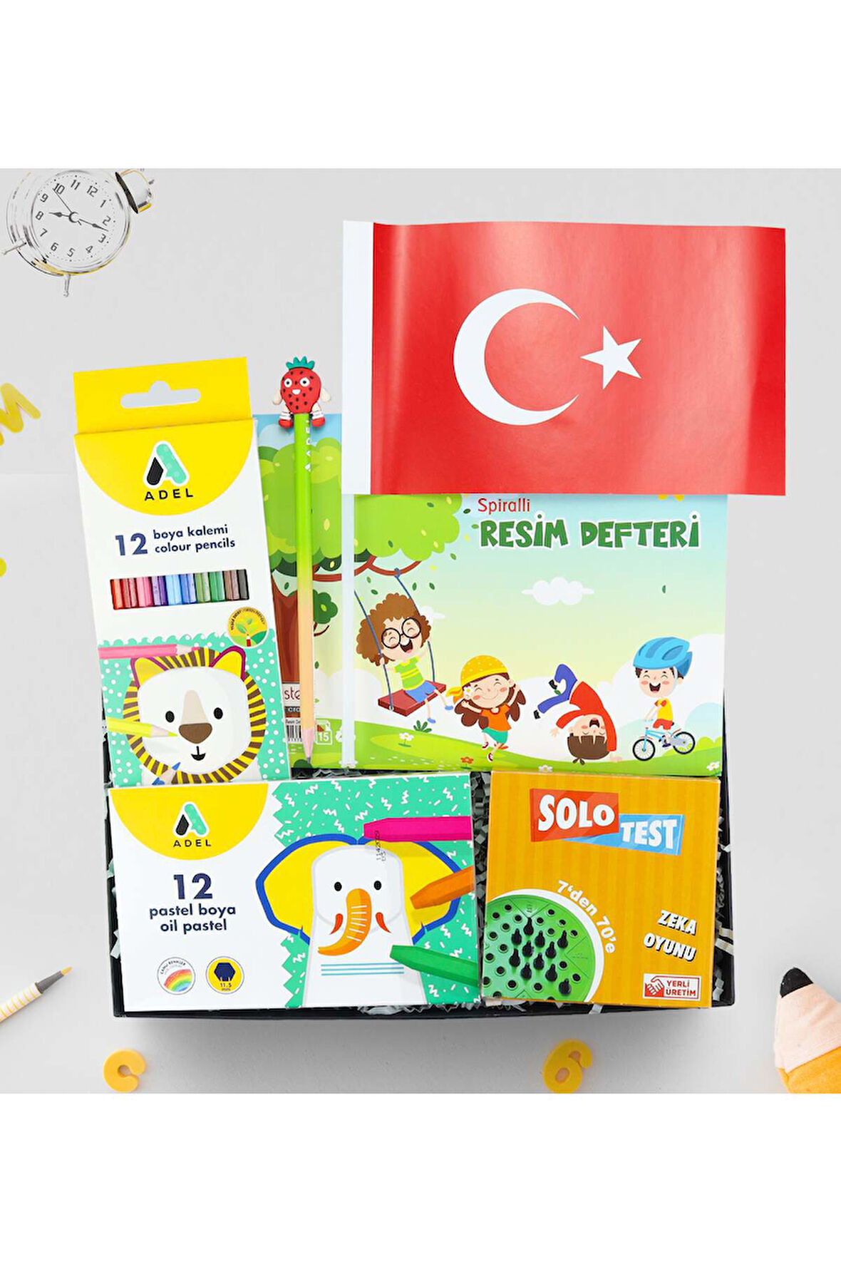 Resim Defteri & Boya Kalemi & Pastel Boya & Solo Test & Figürlü Kurşun Kalem & Bayrak Hediye Seti