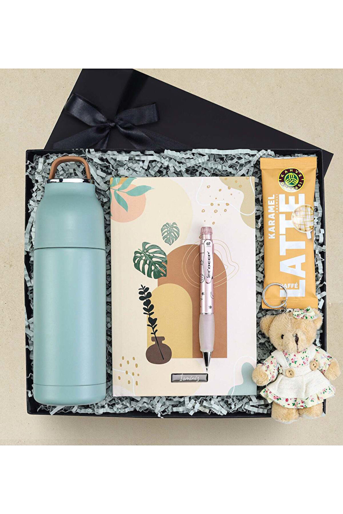 Yeşil Termos & Defter & Serve Deep Uçlu Kalem & Tek İçimlik Kahve & Ayıcık Anahtarlık Hediye Seti