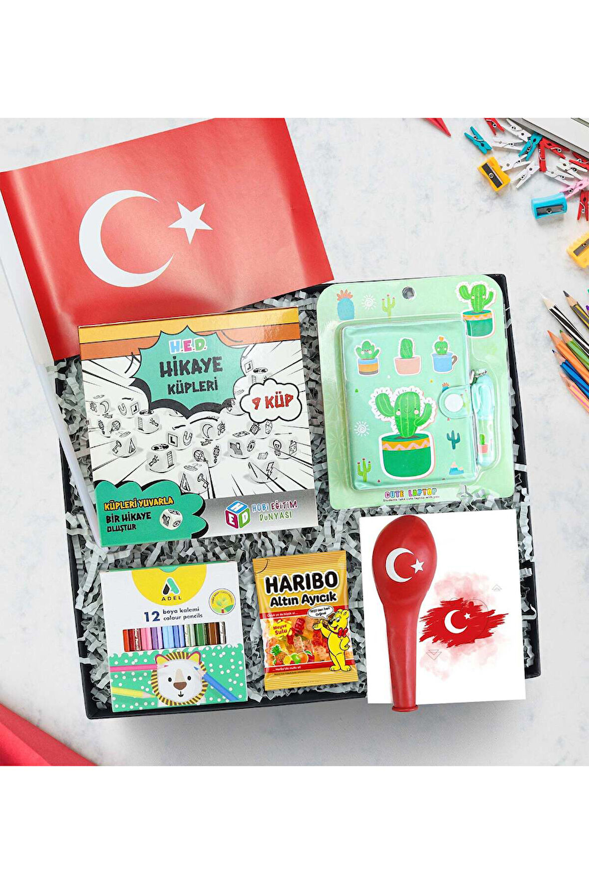 Hikaye Küpleri & Adel Boya Kalemi & Haribo & Balon & Mini Kalemli Not Defteri Hediye Seti