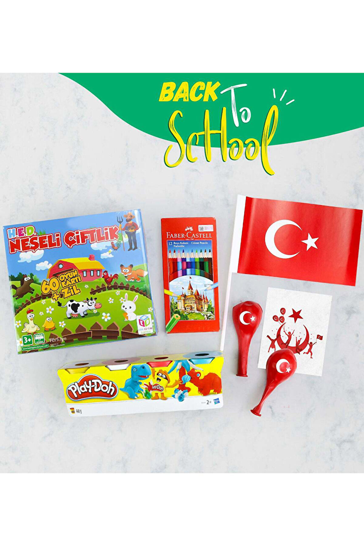 Neşeli Çiftli Oyunu & Kuru Boya & Oyun Hamuru & Bayrak & 2'li Balon Hediye Seti
