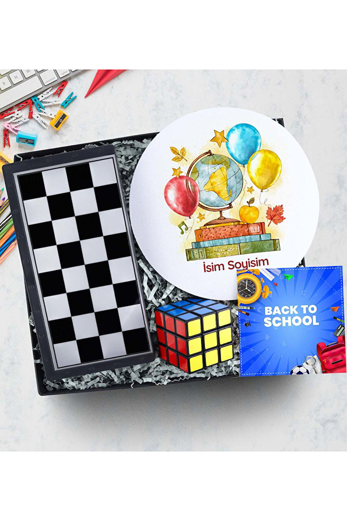 Manyetik Satranç - Tavla - Dama & Mousepad & Zeka Küpü Hediye Seti