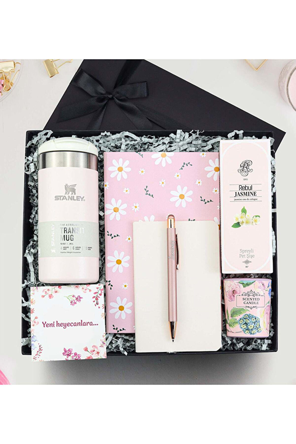 Termos & Defter & Kalem & Dikişli Mini Not Defteri &Kolonya & Mum Hediye Seti