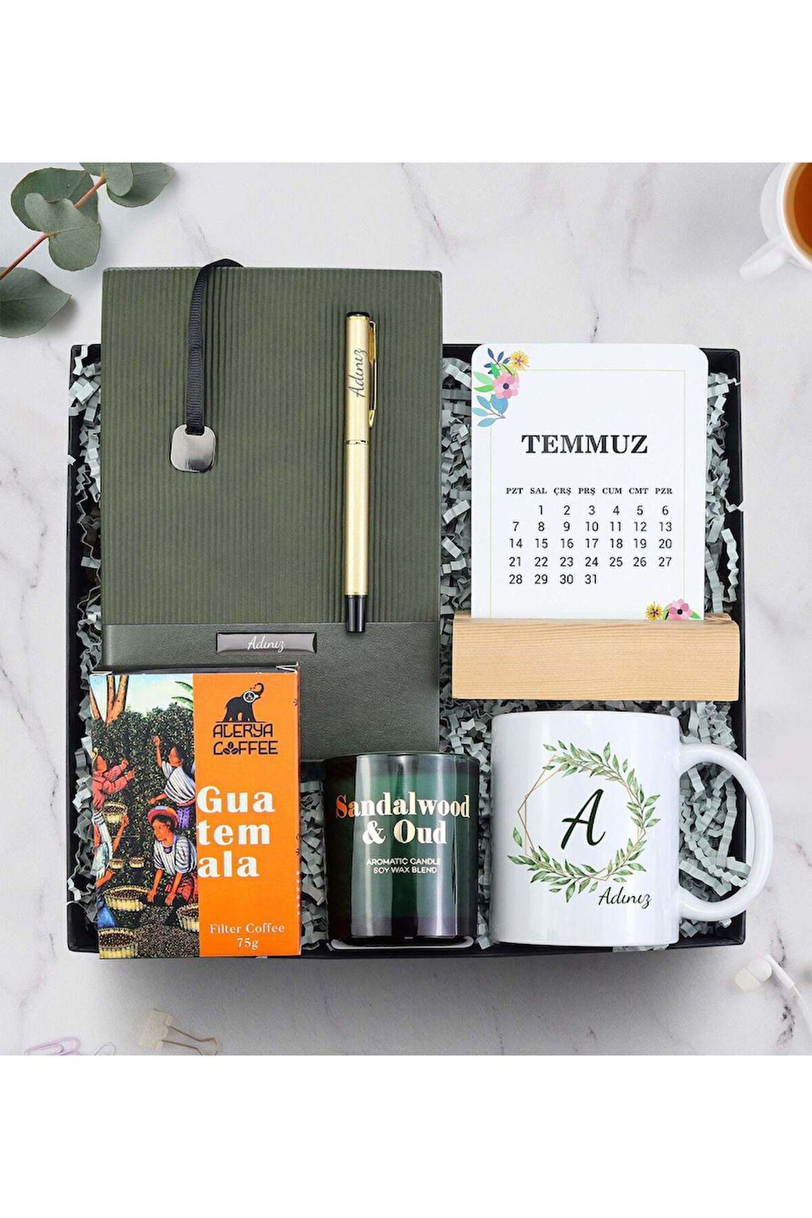 Defter & Kalem & Takvim & Filtre Kahve & Mum & Kupa Hediye Seti