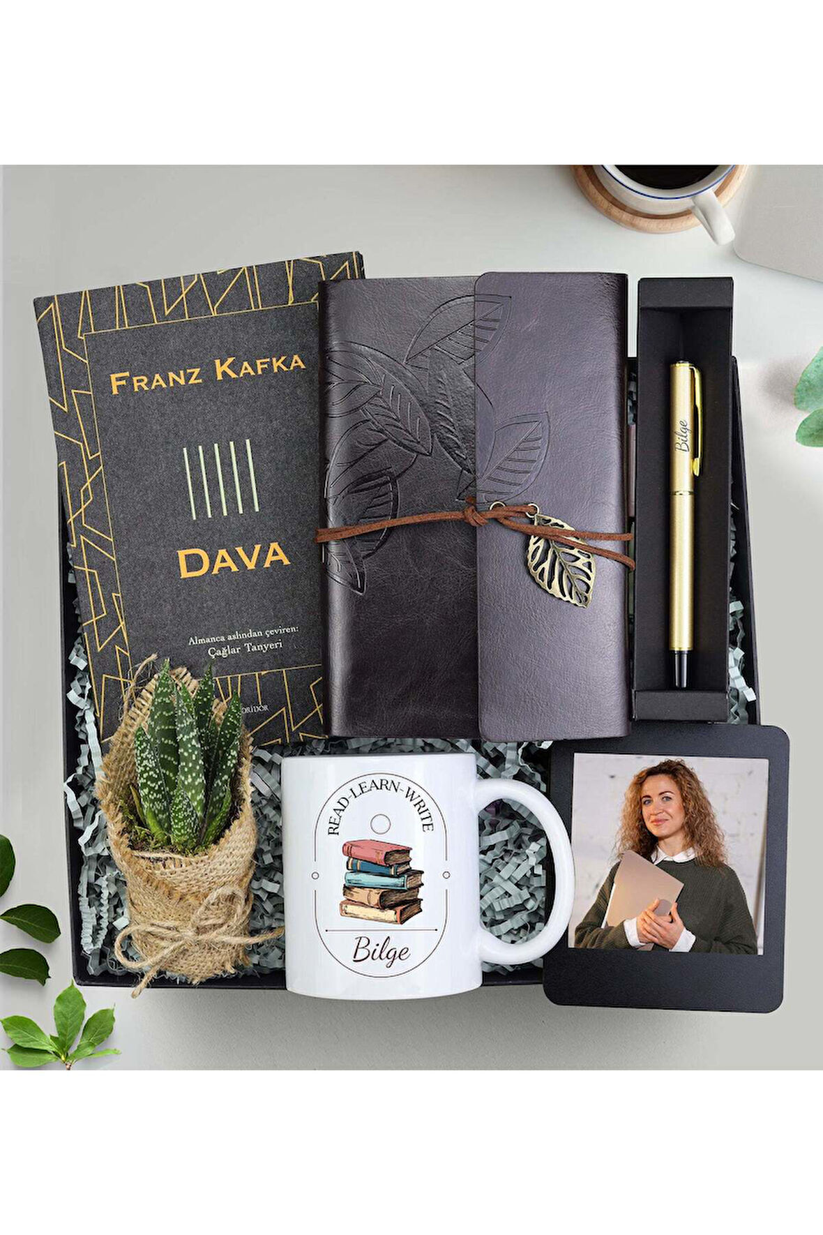 Anı Defteri & Dava Kitabı & Gold Roller Kalem & Çerçeve & Kupa & Sukulent Hediye Seti