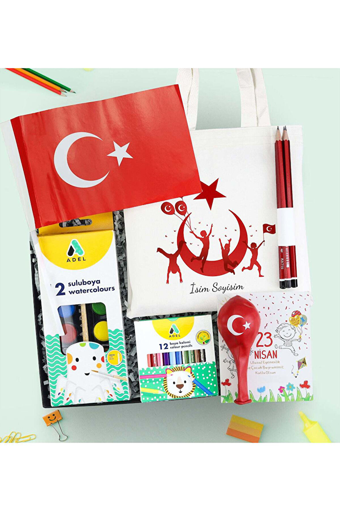 Çanta & Bayrak & Adel Sulu Boya & Kuru Boya & Balon & 4'lü Kurşun Kalem Hediye Seti