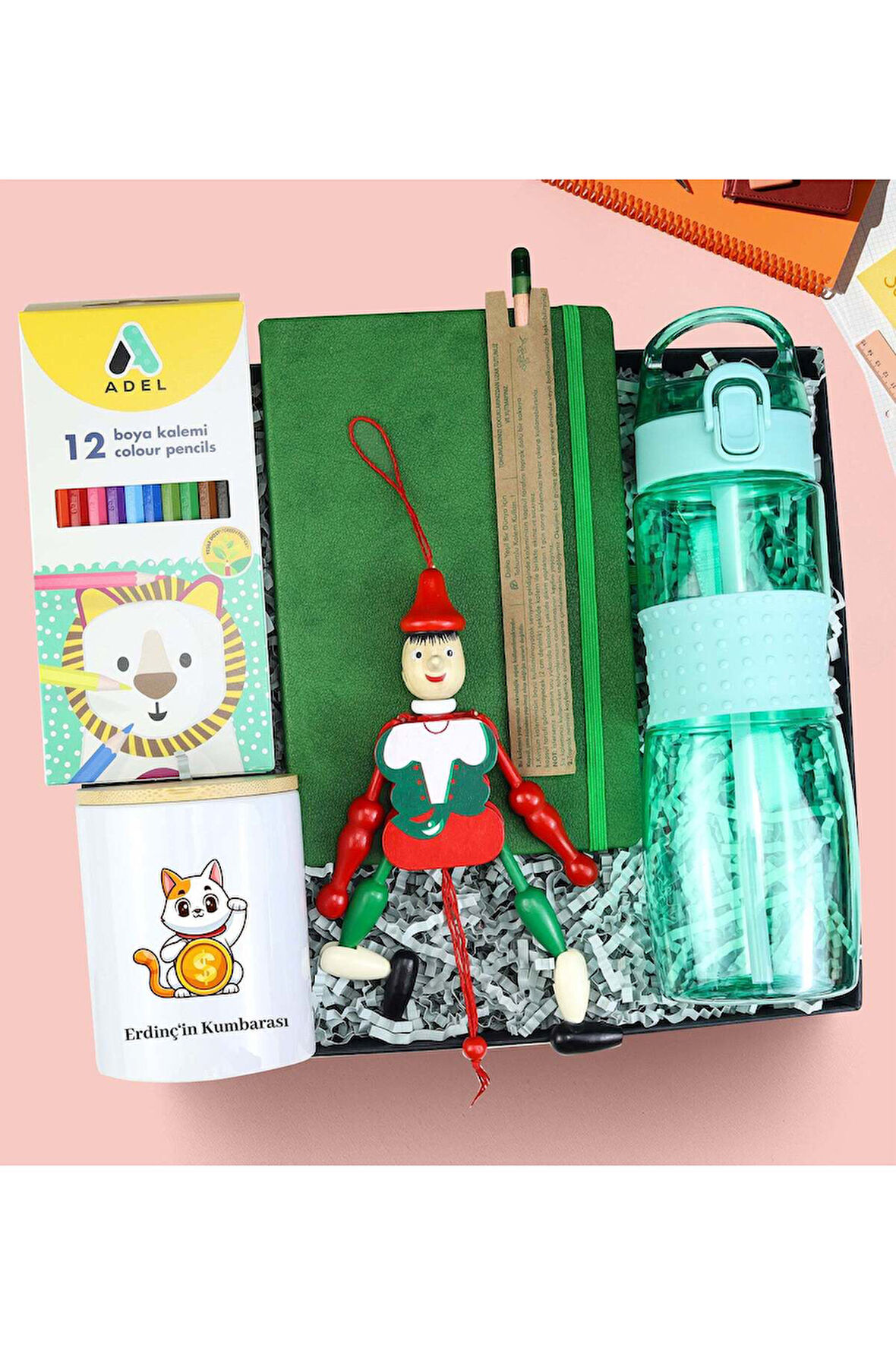 Kişiye Özel Defter & Kalem & Kumbara & Matara & Kuru Boya & Kukla Hediye Seti