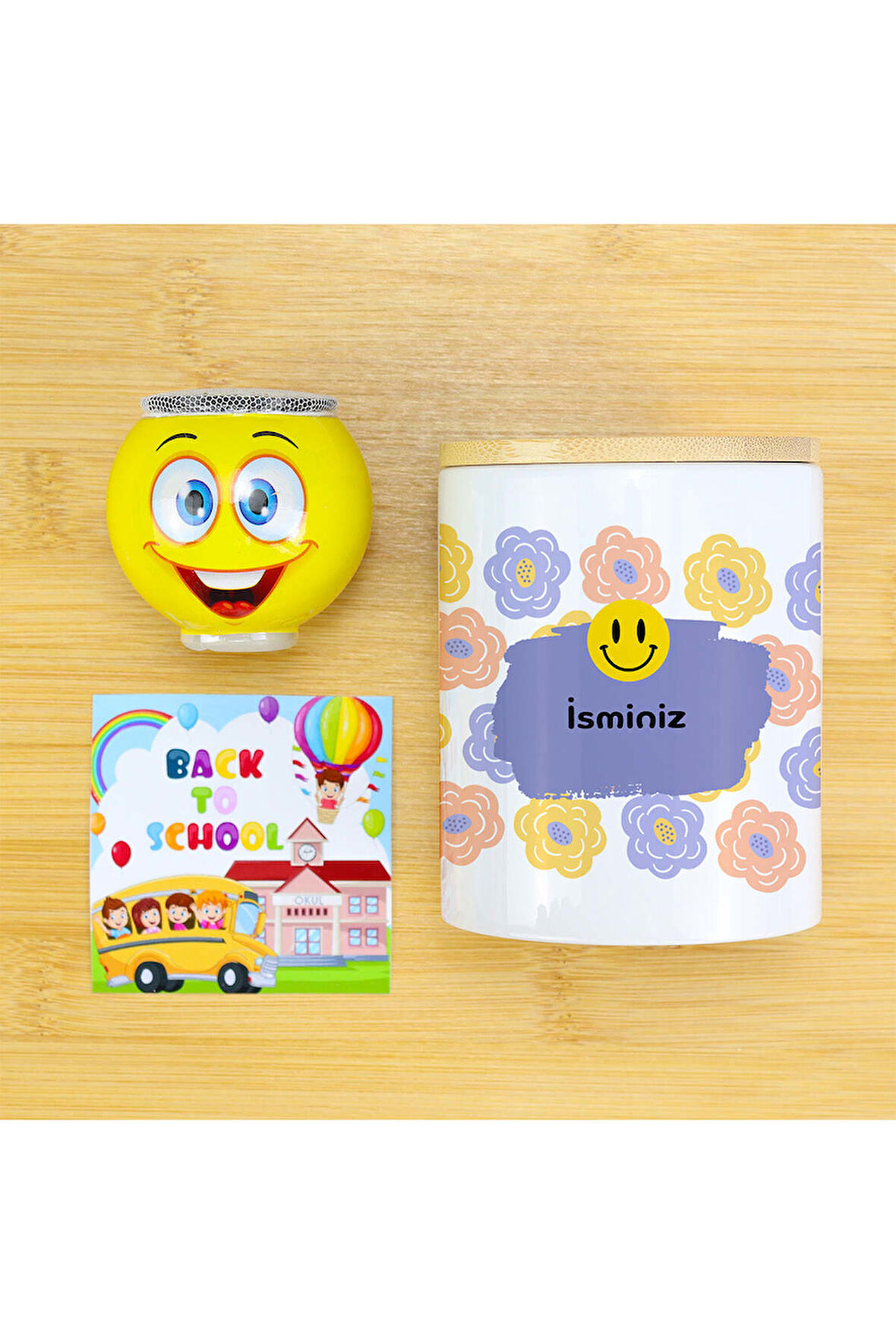 Gülen Yüz Çim Adam & Baskılı Ahşap Kapaklı Kumbara Mini Hediye