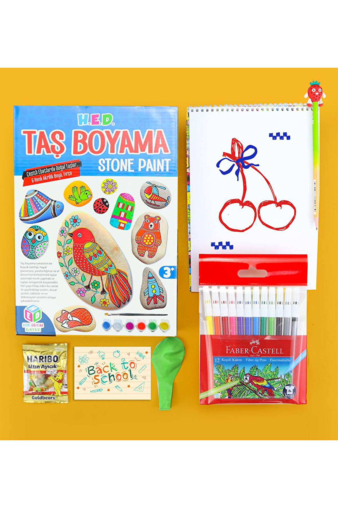 Taş Boyama & Resim Defteri & Balon & Haribo & Keçeli Kalem Hediye Seti