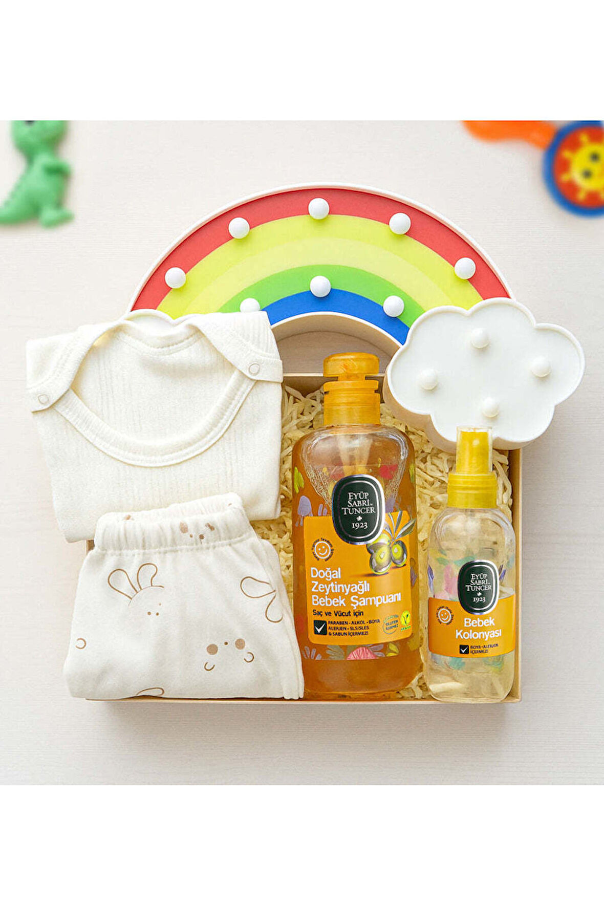 Zıbın Takım & Eyüp Sabri Tuncer Bebek Şampuanı & Bebek Kolonyası & Gökkuşağı Lamba Hediye Seti