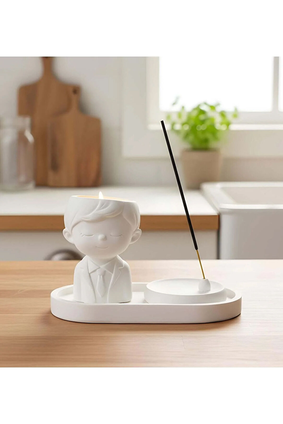 Dekoratif Standlı Alçı Erkek Biblo & Tütsülük Seti