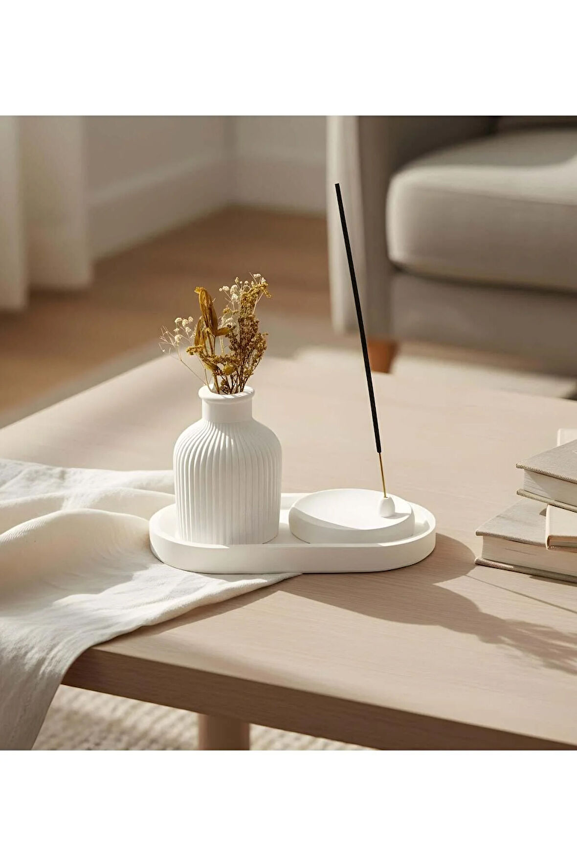 Dekoratif Standlı Alçı Vazo Biblo & Tütsülük Seti