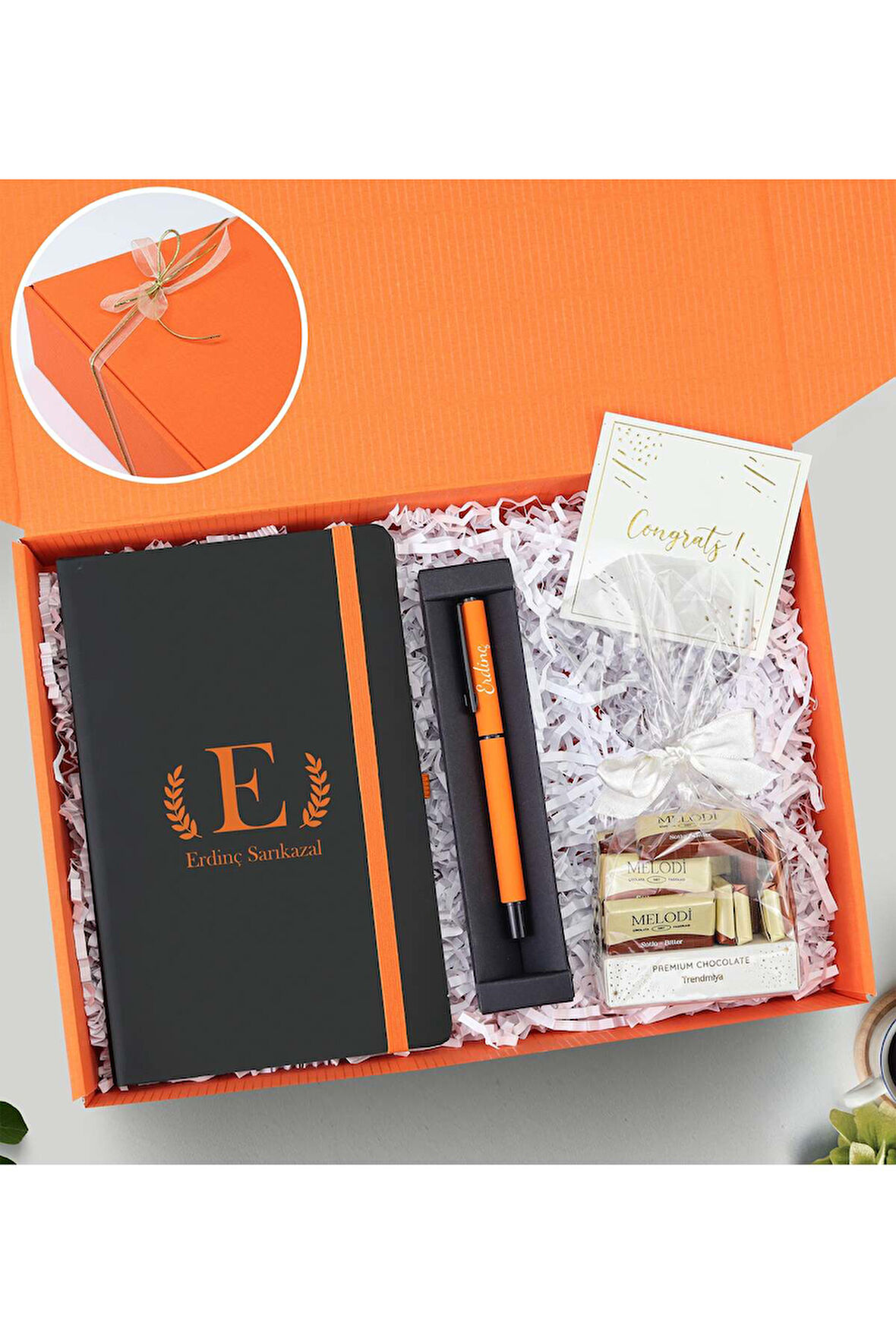 Baskılı Defter & Turuncu Roller Kalem & Premium Çikolata Hediye Seti