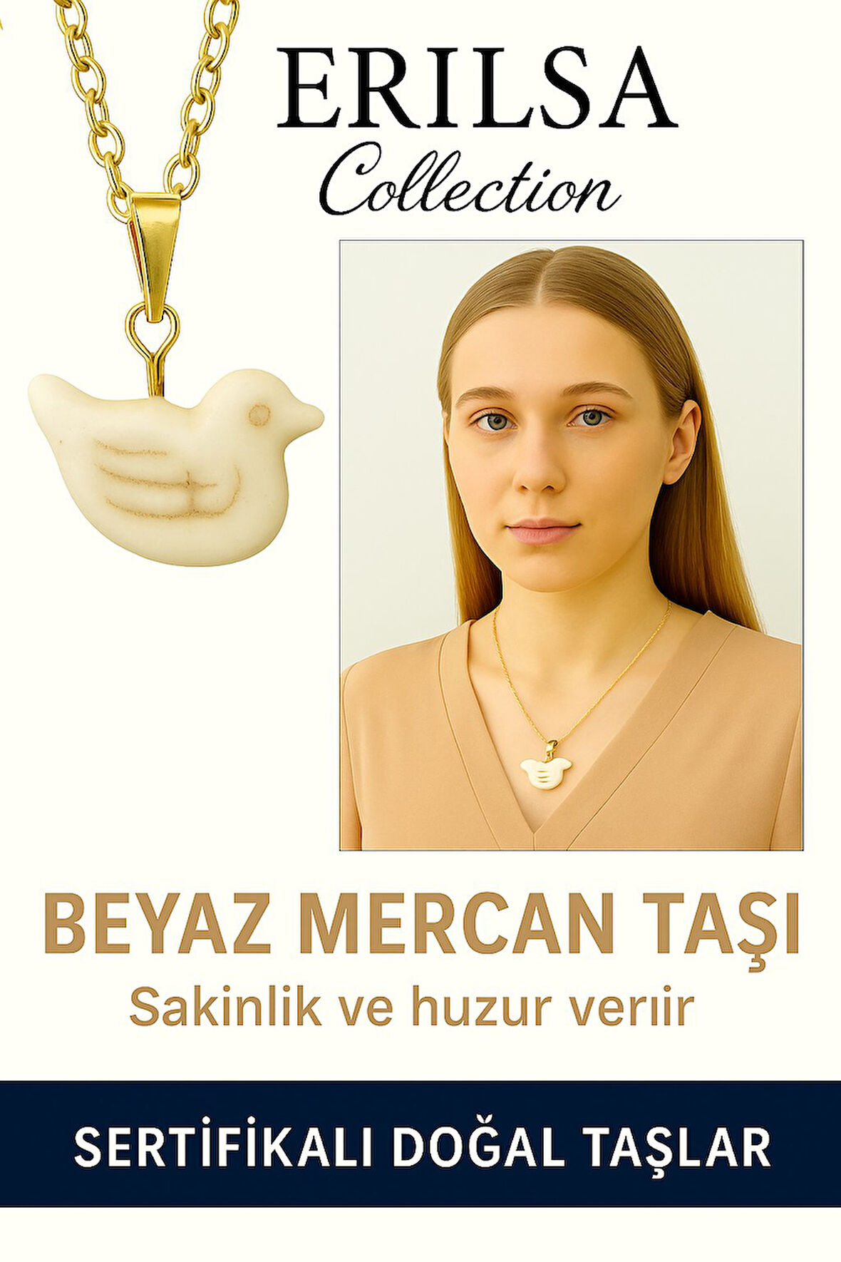 Sertifikalı Altın Renkli Kuş Model Beyaz Mercan Kolye – Huzur ve Özgürlüğün Simgesi
