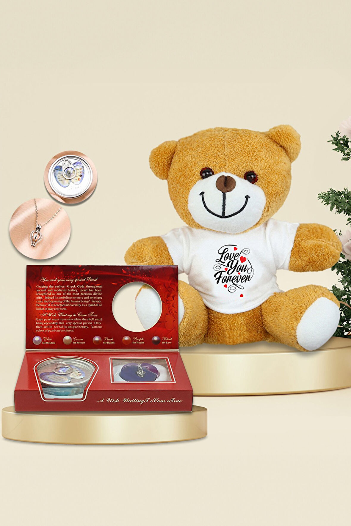 Peluş Ayıcık & İstiridye İçinde Gerçek İnci Kolye Hediye Seti
