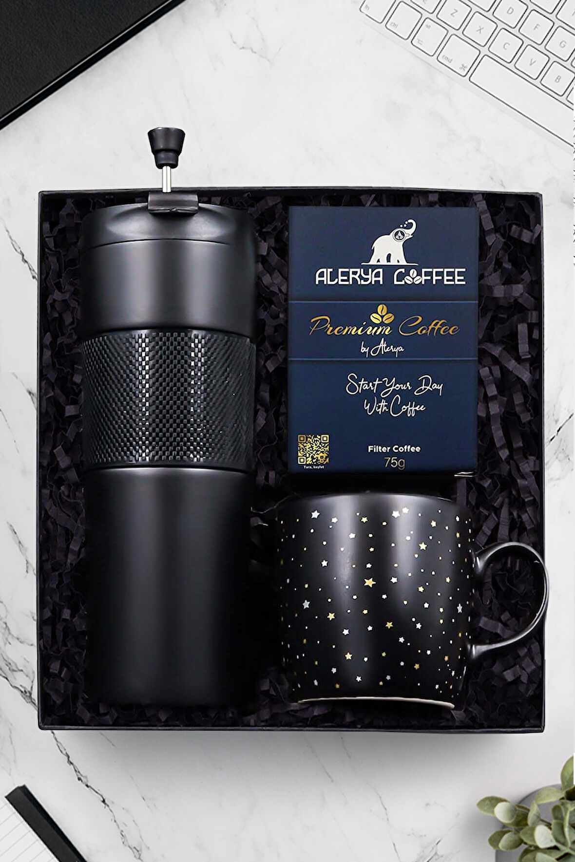 Siyah French Press Çelik Termos Yıldız Desenli Kupa & Premium Filtre Kahve Hediye Seti