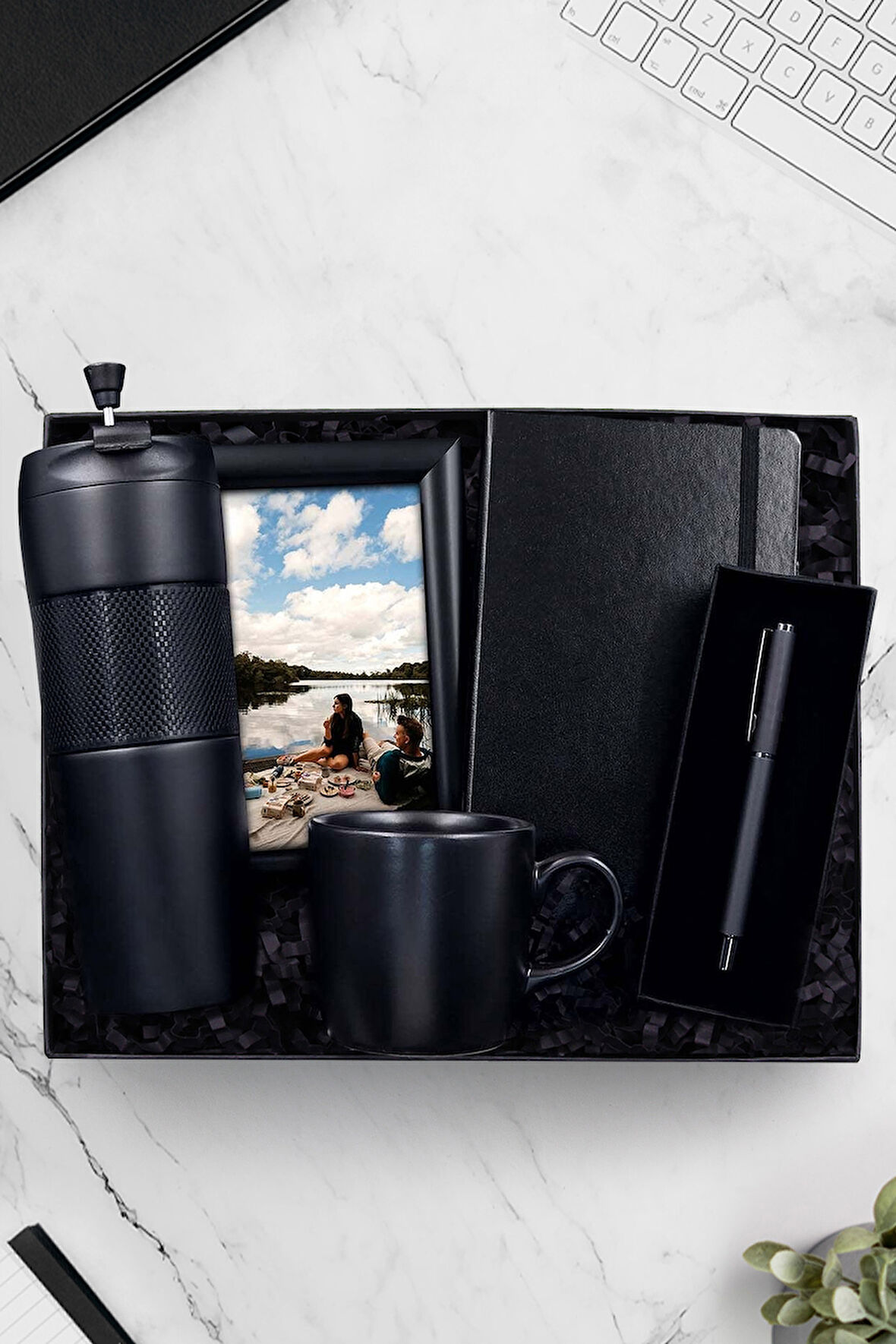 French Press Termos & Siyah Defter & Siyah Çerçeve & Mat Roller Kalem & Siyah Kupa Hediye Seti