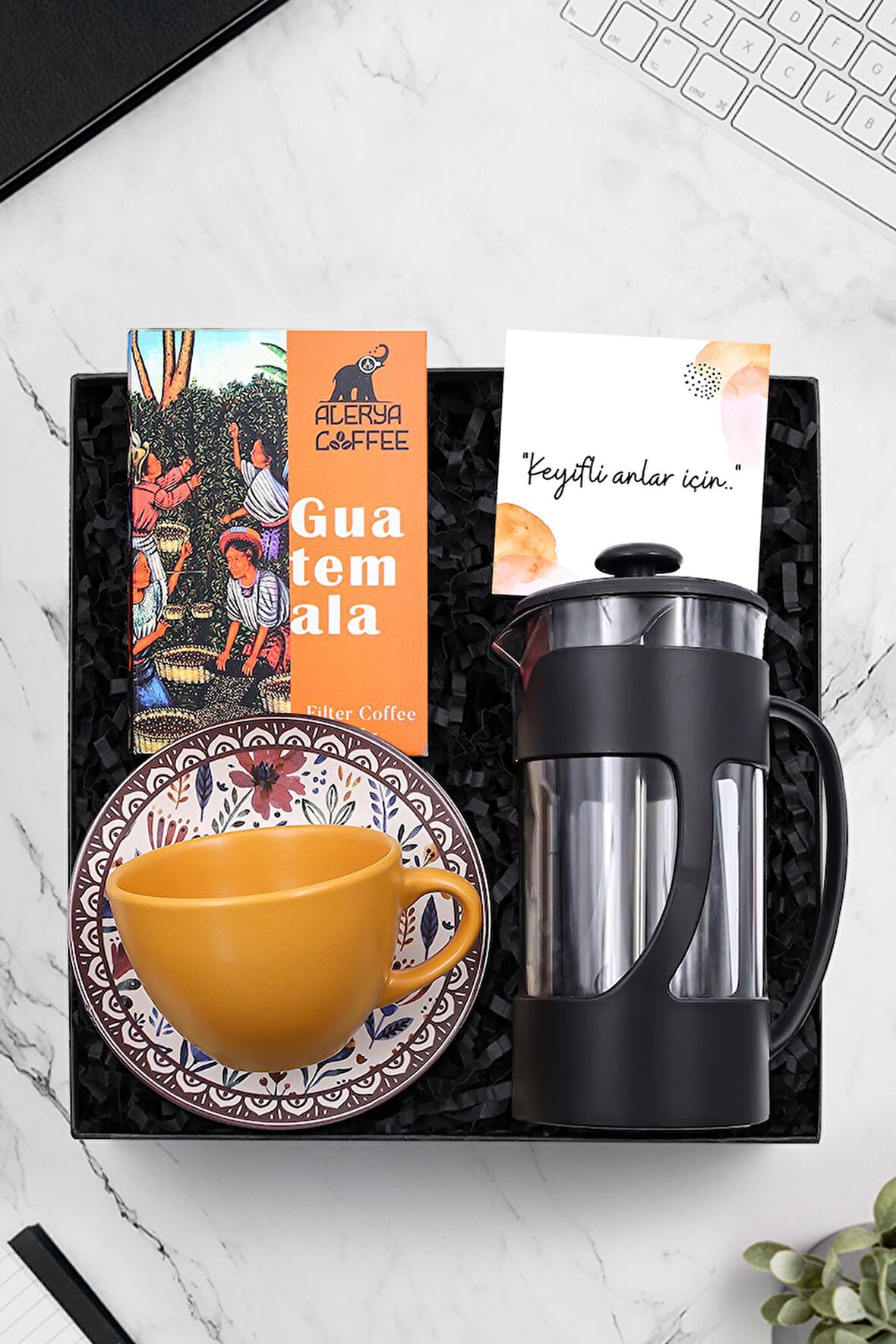 Turuncu Fincan & Siyah French Press & Guatemala Filtre Kahve Hediye Seti