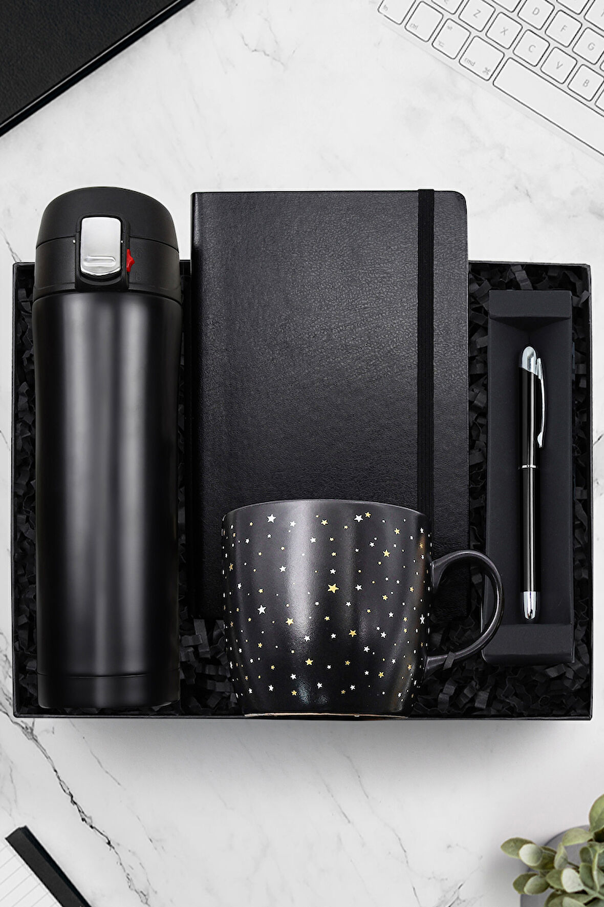 500 ML Siyah Kilitli Termos-Yıldız Desenli Kupa-Siyah Defter-Gümüş Detaylı Roller Kalem Hediye Seti
