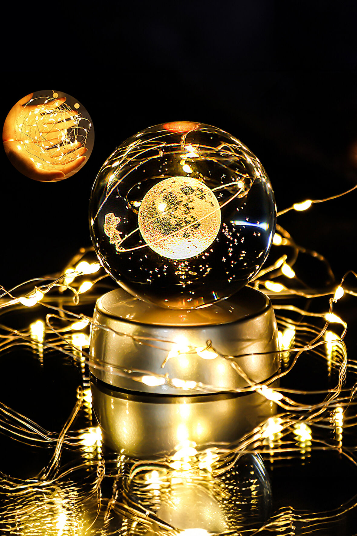 3d Samanyolu Temalı Satürn Kız Işıklı Cam Küre & 1,5 mt Led Işık Hediye Seti