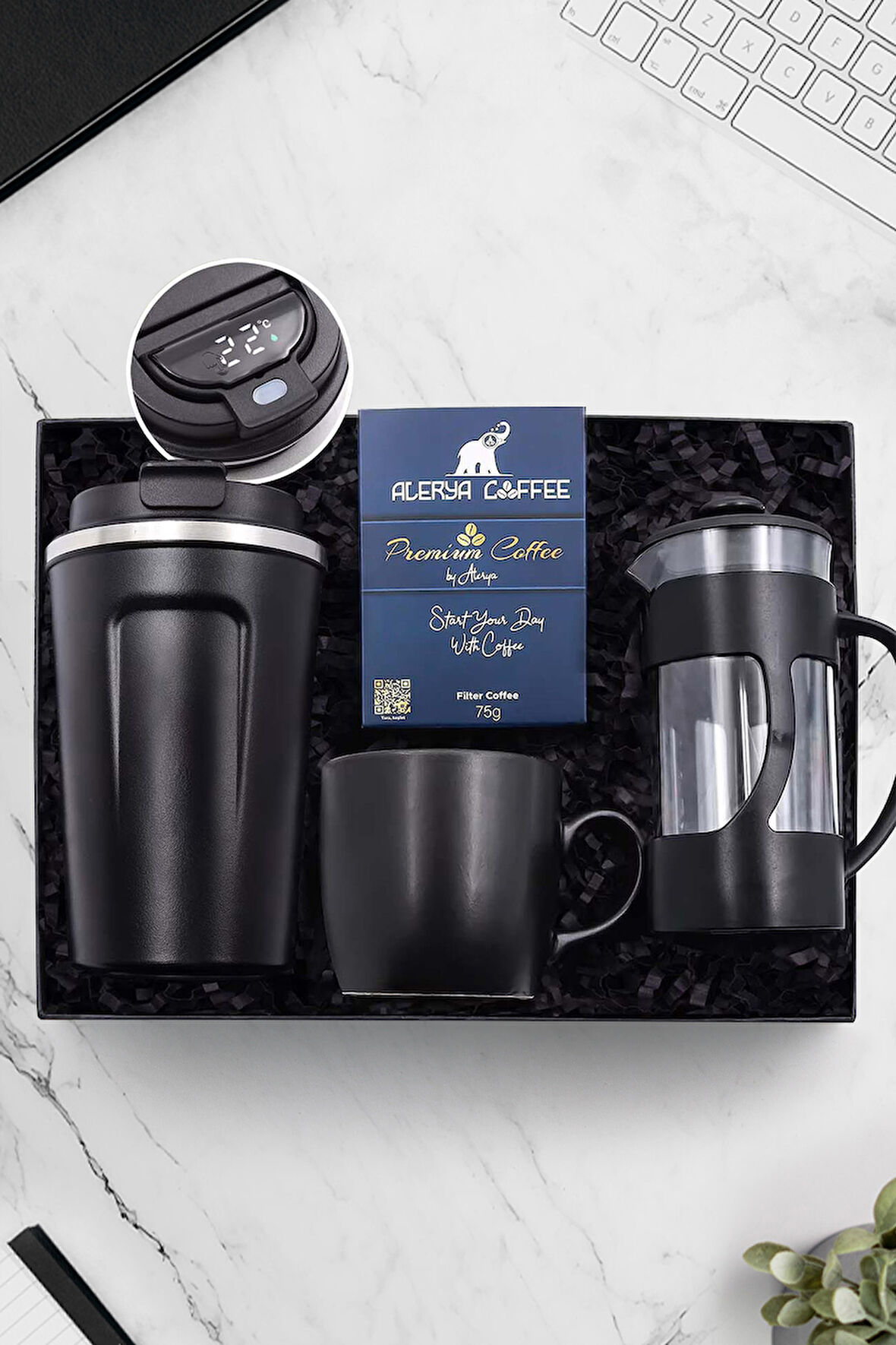 Siyah Dereceli 350ml Çelik Termos & Siyah French Press-Siyah Kupa & Premium Filtre Kahve Hediye Seti