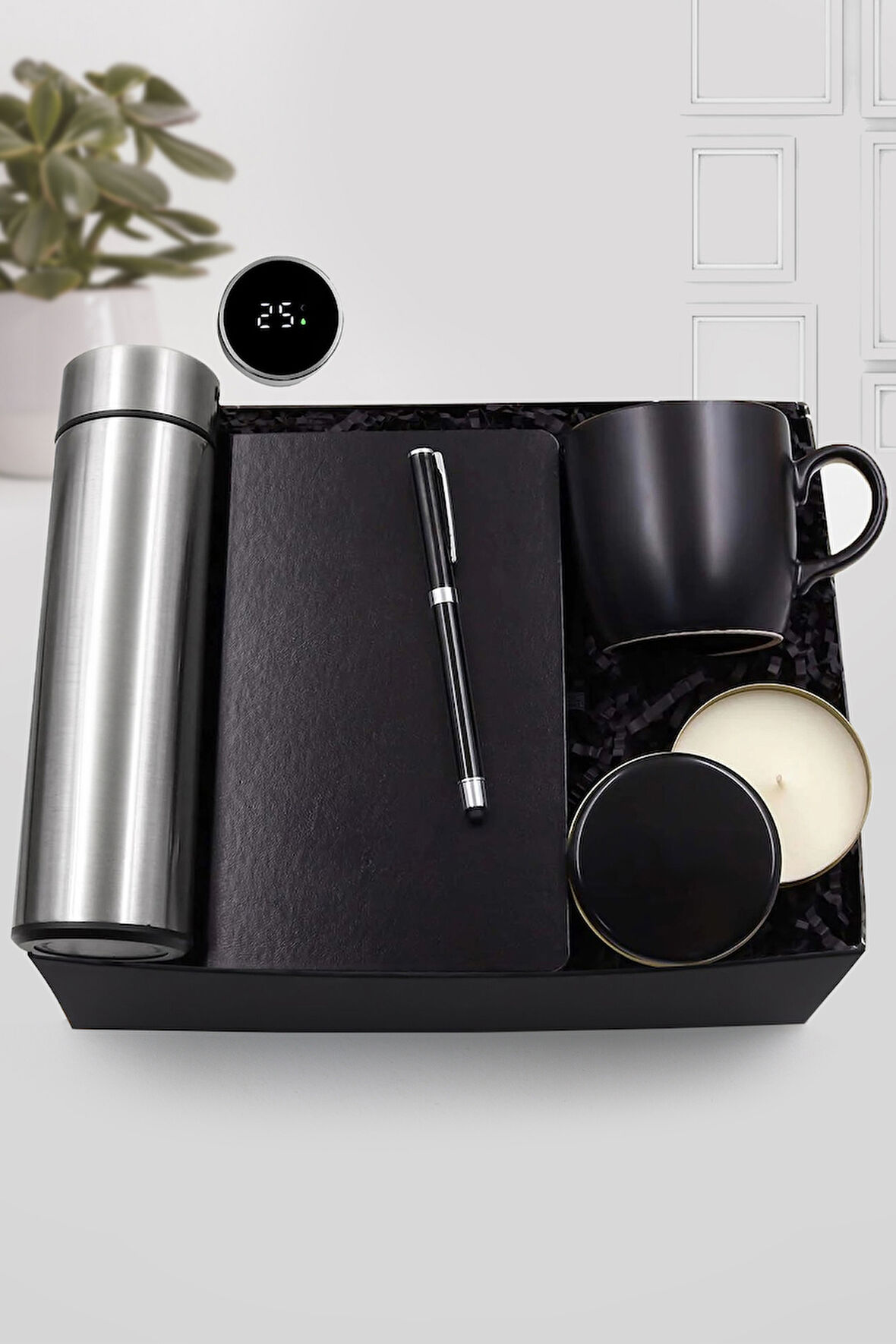 Gümüş Renk Dereceli Termos & Siyah Defter & Touch Pen Kalem & Siyah Kupa & Kutulu Mum Hediye Seti