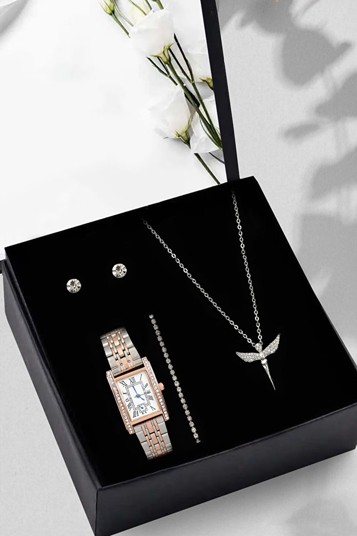 Gümüş Detaylı Rose Renk Kadın Kol Saati & Su Yolu Bileklik & Melek Kolye & Taş Küpe Hediye Seti